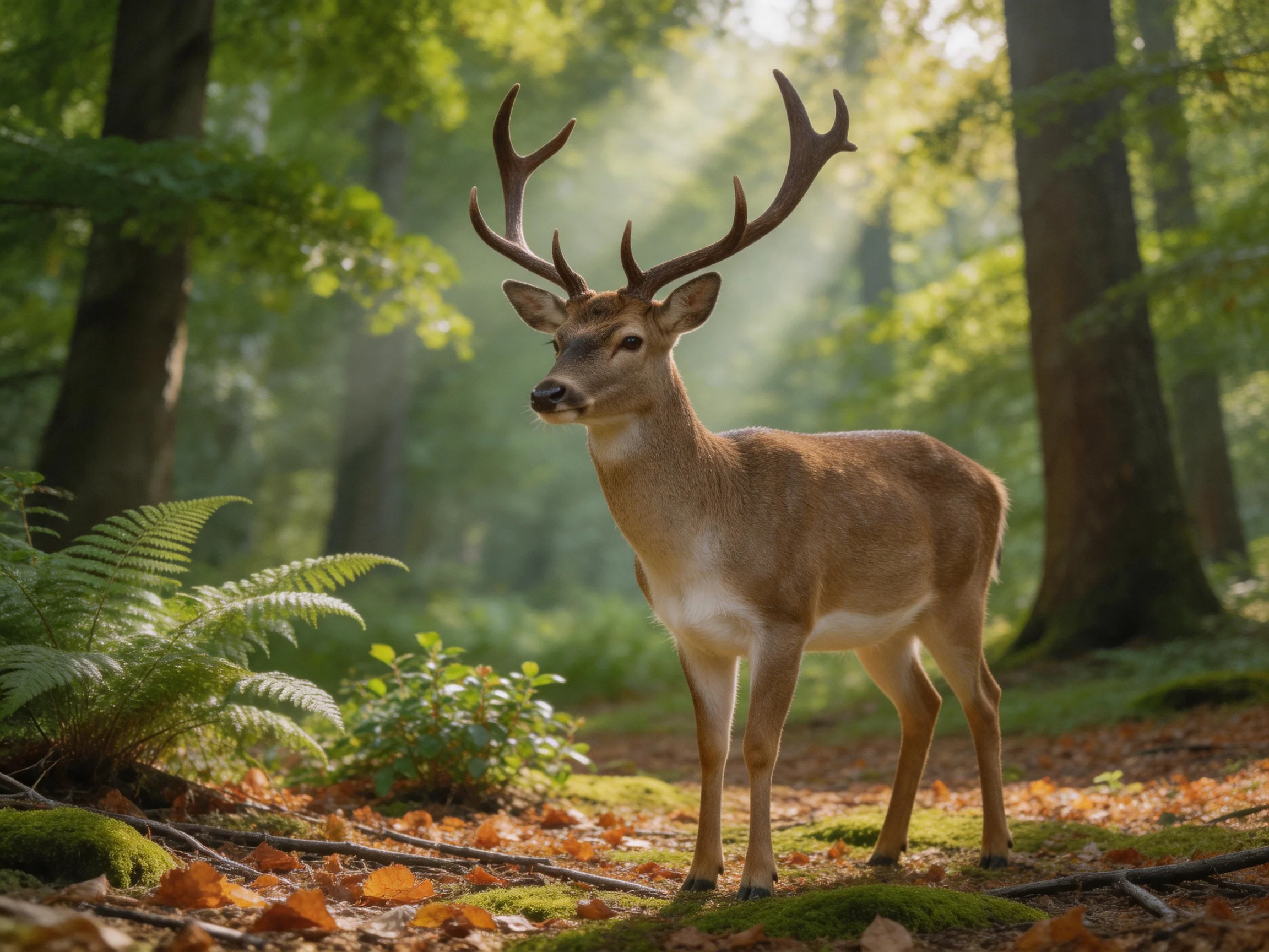 A deer stands in a sunlit, verdant forest environment.