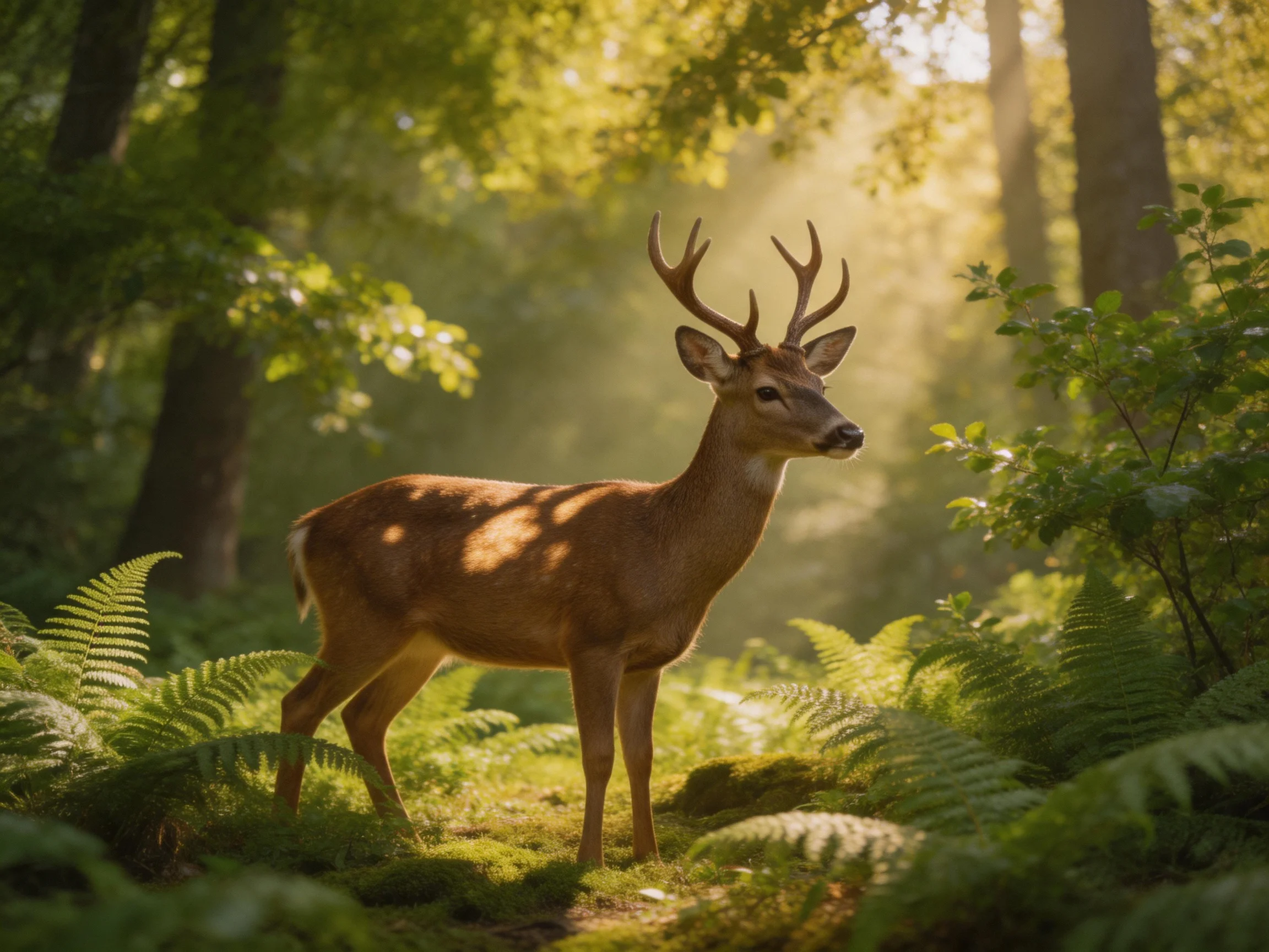 A deer with antlers stands in a sunlit forest.
