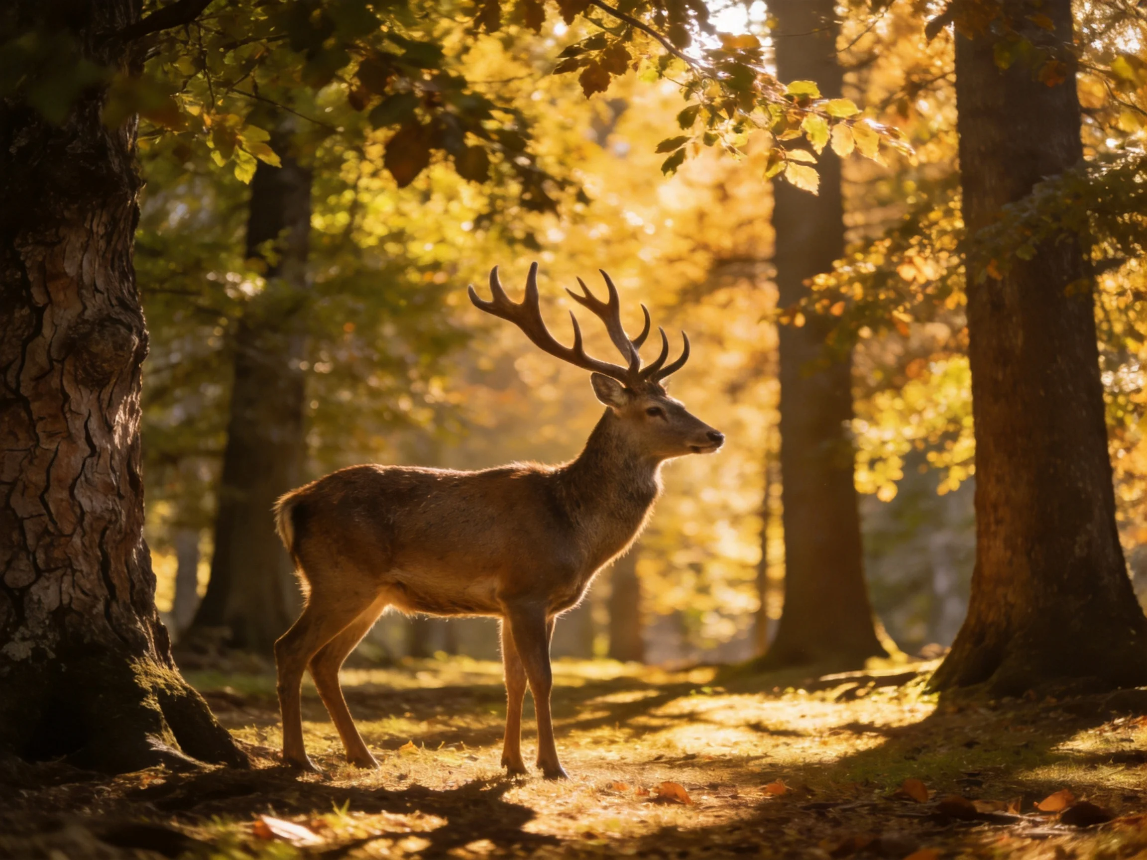 A majestic deer stands among golden autumn trees with sunlight filtering