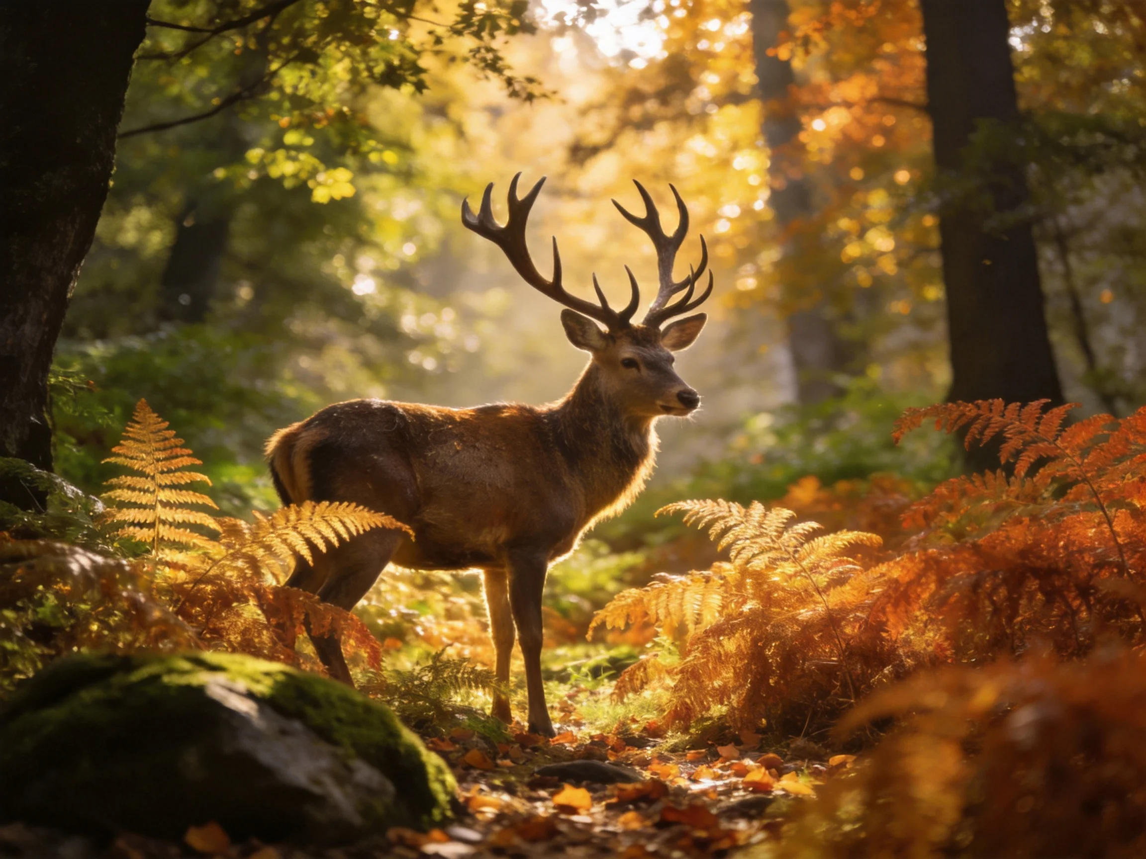 A majestic deer stands among golden ferns in an autumn forest