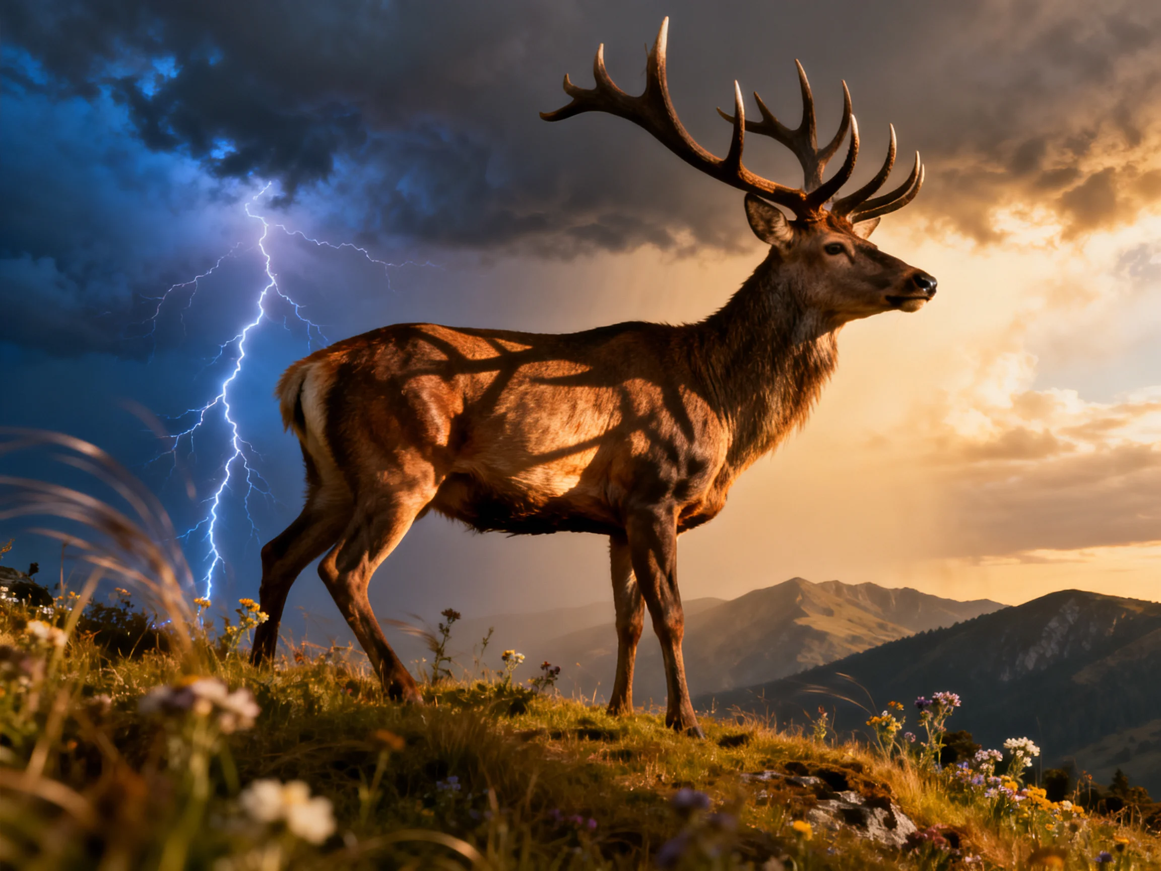 A majestic deer stands among wildflowers beneath a dramatic, lightning-lit sky