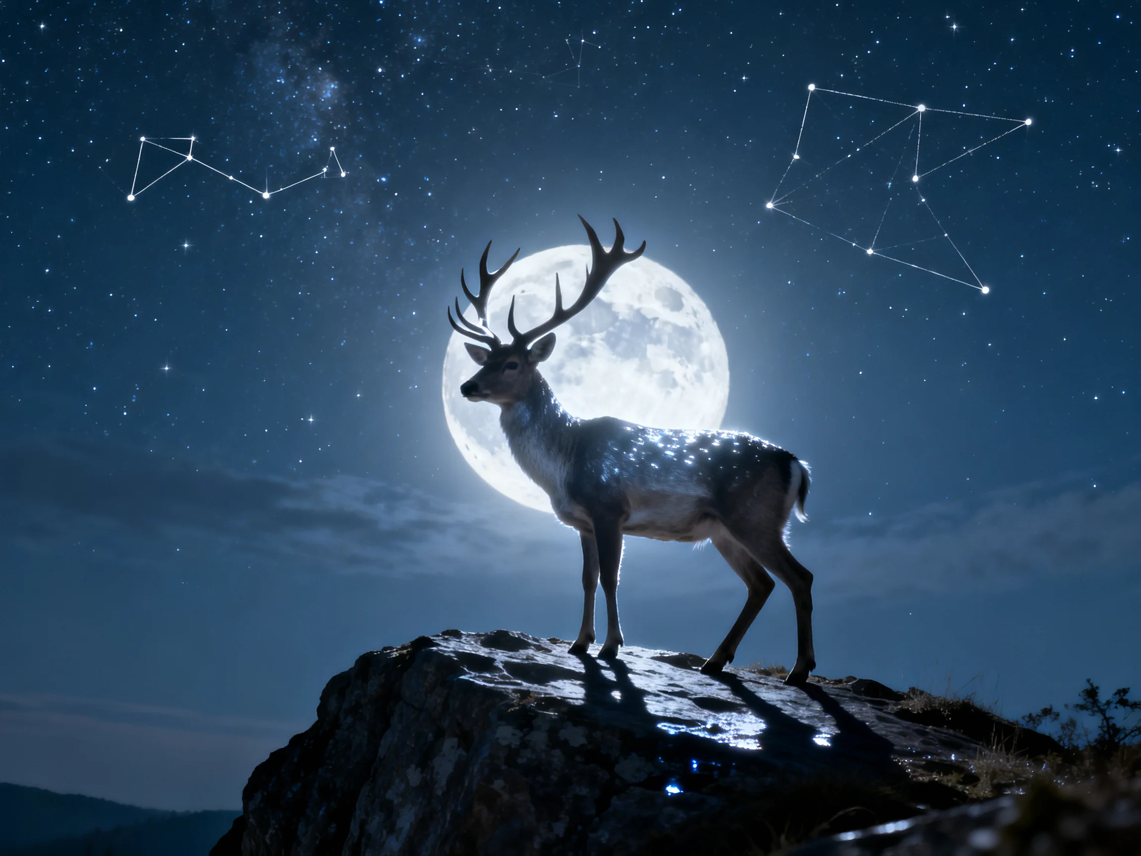 A majestic deer stands atop a rocky cliff under a luminous full moon