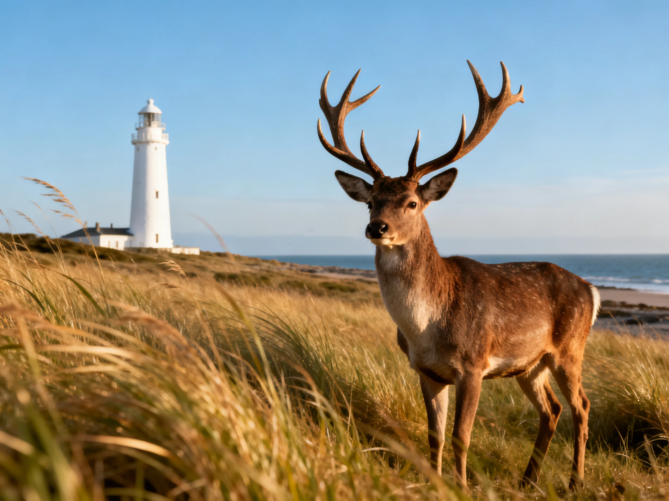 A majestic deer stands near a white coastal lighthouse by golden dunes