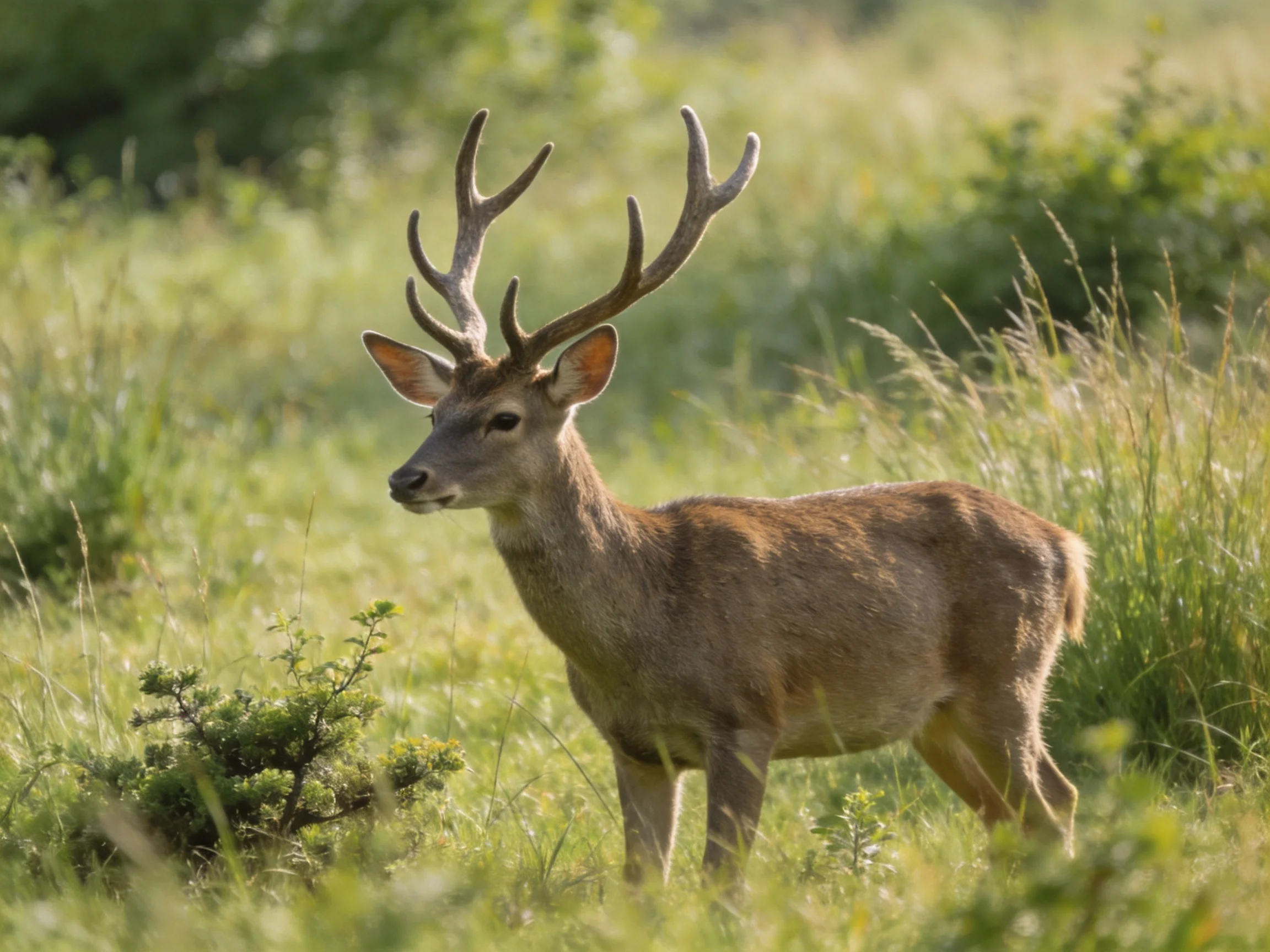 A majestic deer with broad antlers in a lush green meadow