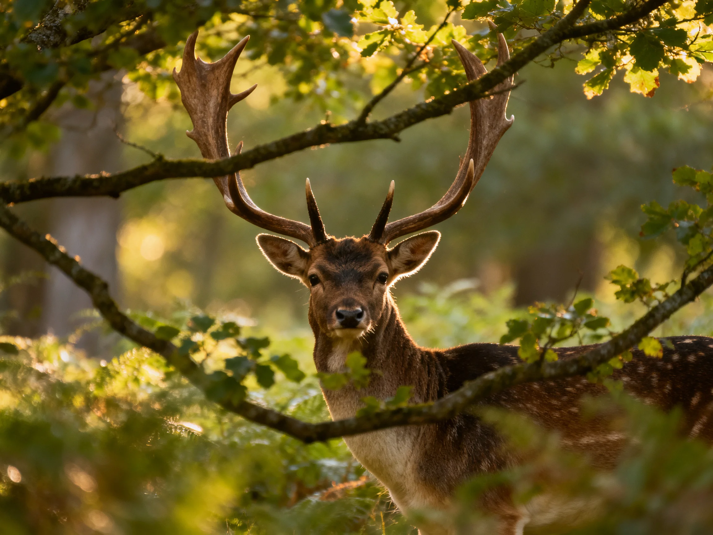 A deer with impressive antlers stands amid lush greenery in a sunlit woodland.