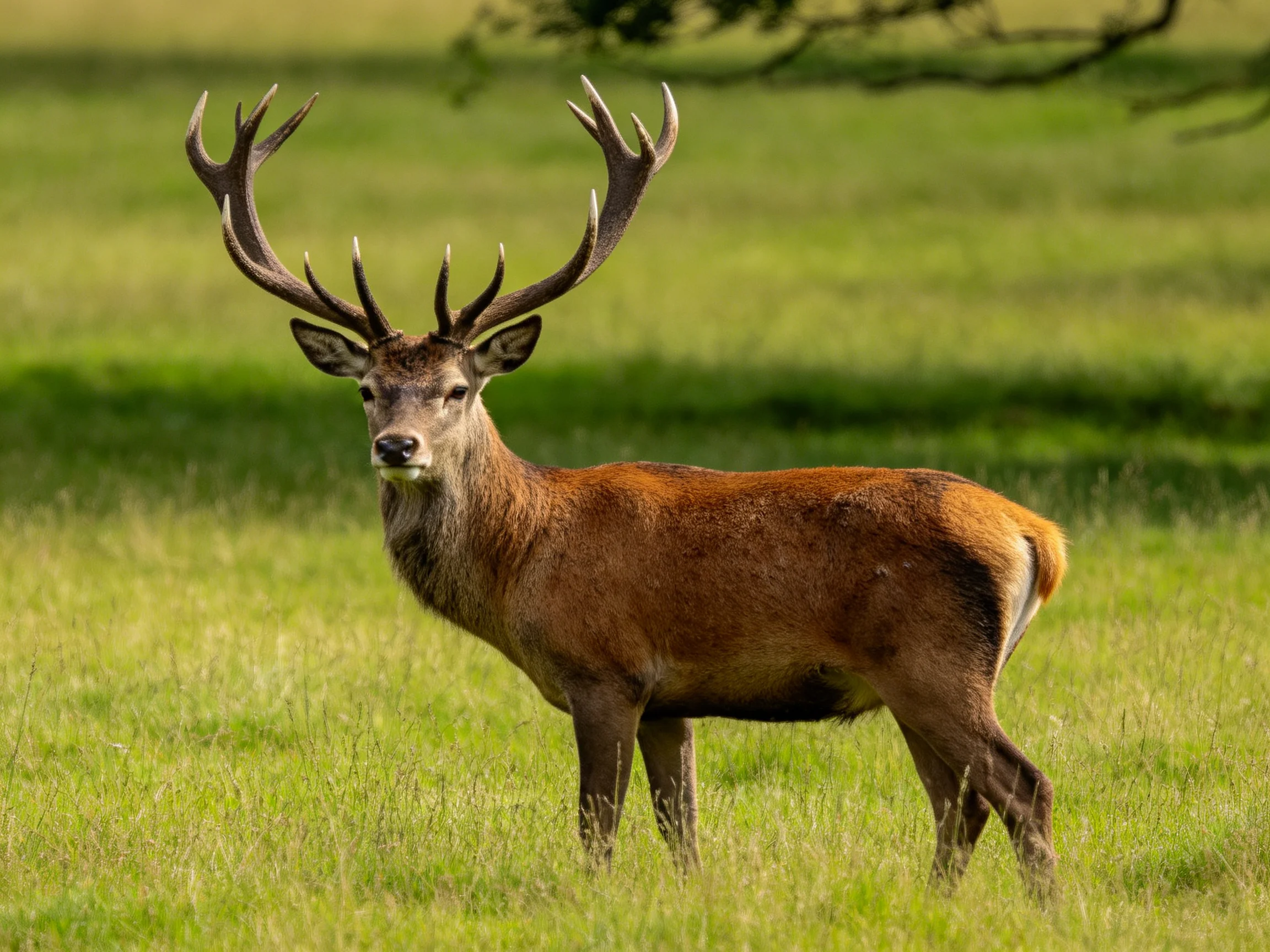 A majestic deer with broad antlers in a sun-dappled green meadow