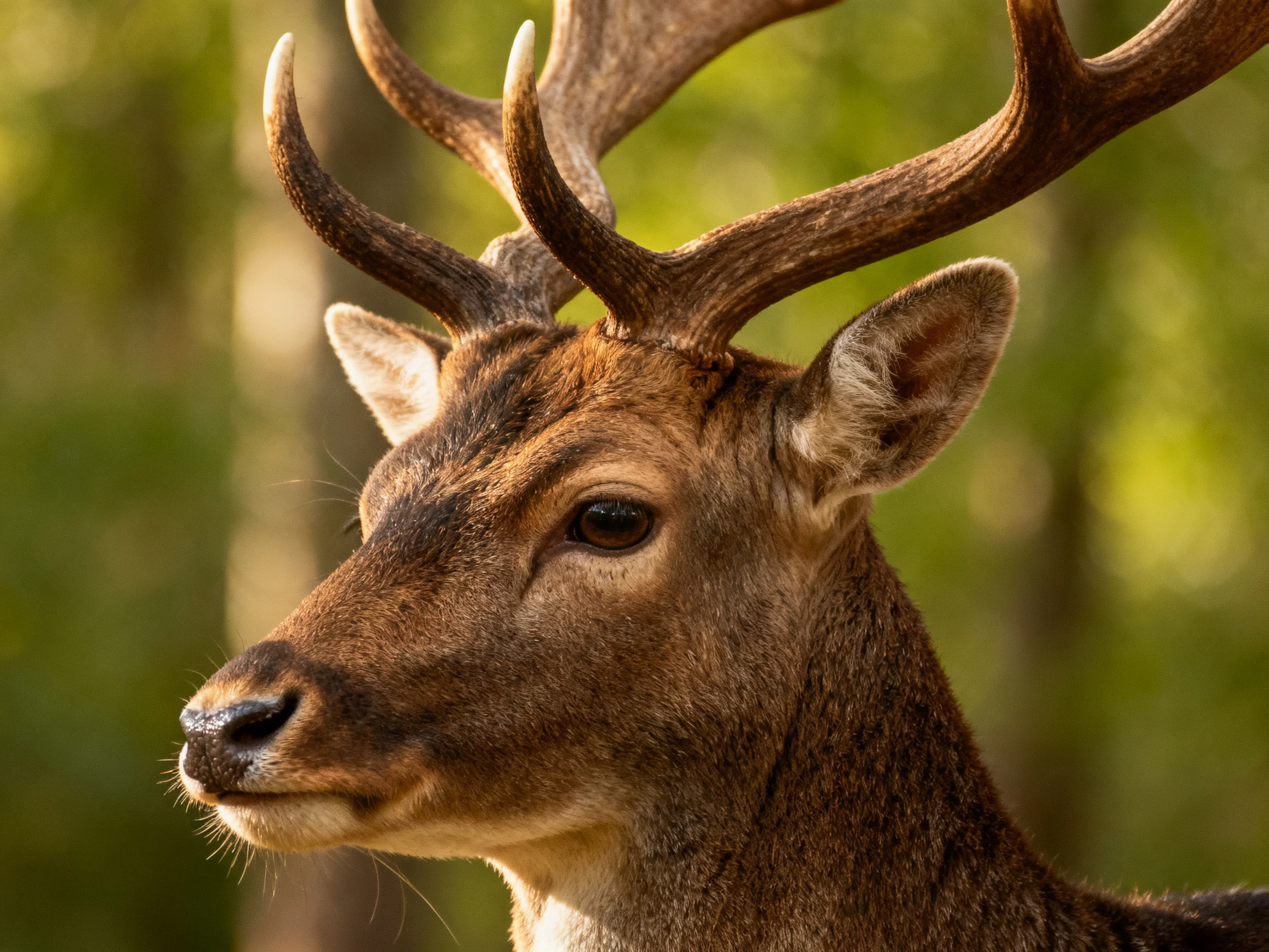 A majestic deer with broad antlers in a sunlit forest