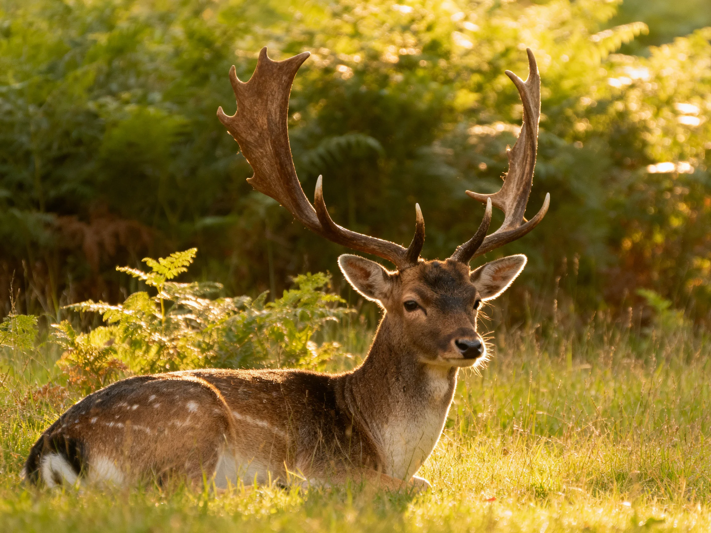 A majestic deer with broad antlers resting in sun-dappled ferns