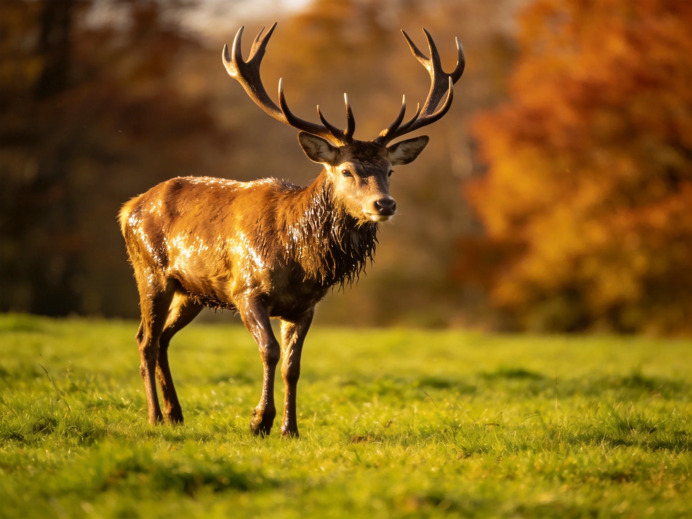 A majestic deer with broad antlers stands on a lush green meadow amid autumn foliage
