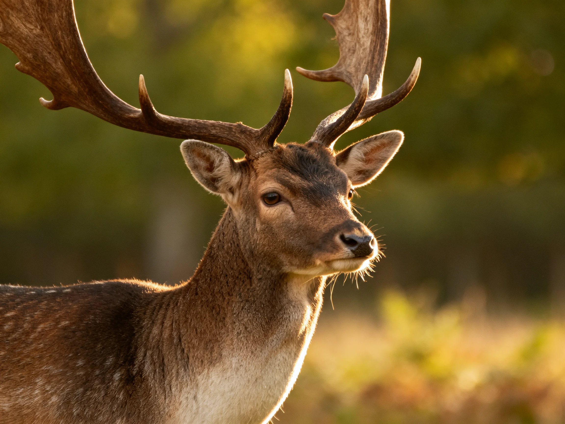 A deer with large antlers stands in a sunlit forest environment.