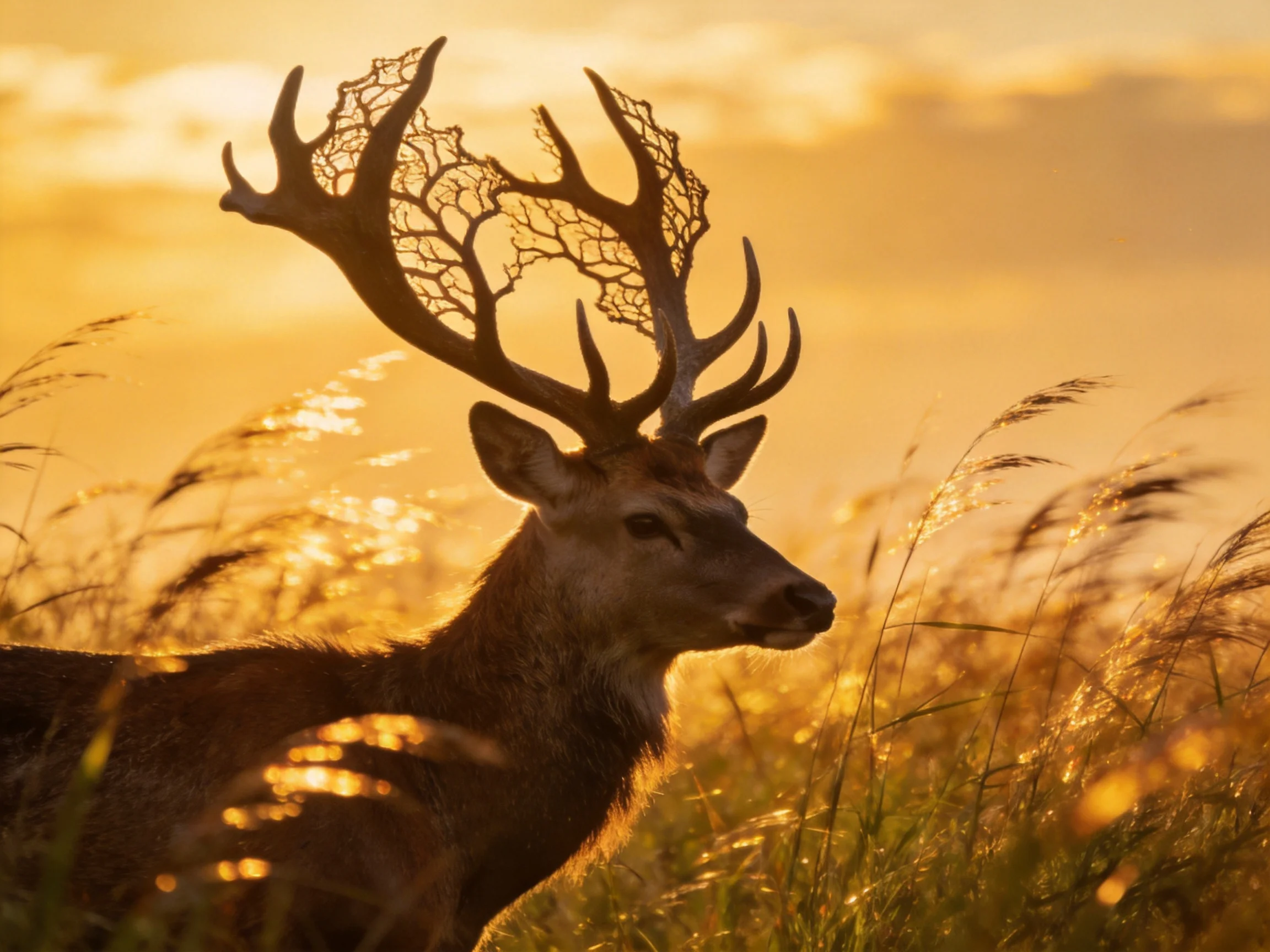 A deer with intricate antlers stands amid sunlit grasses during golden hour.