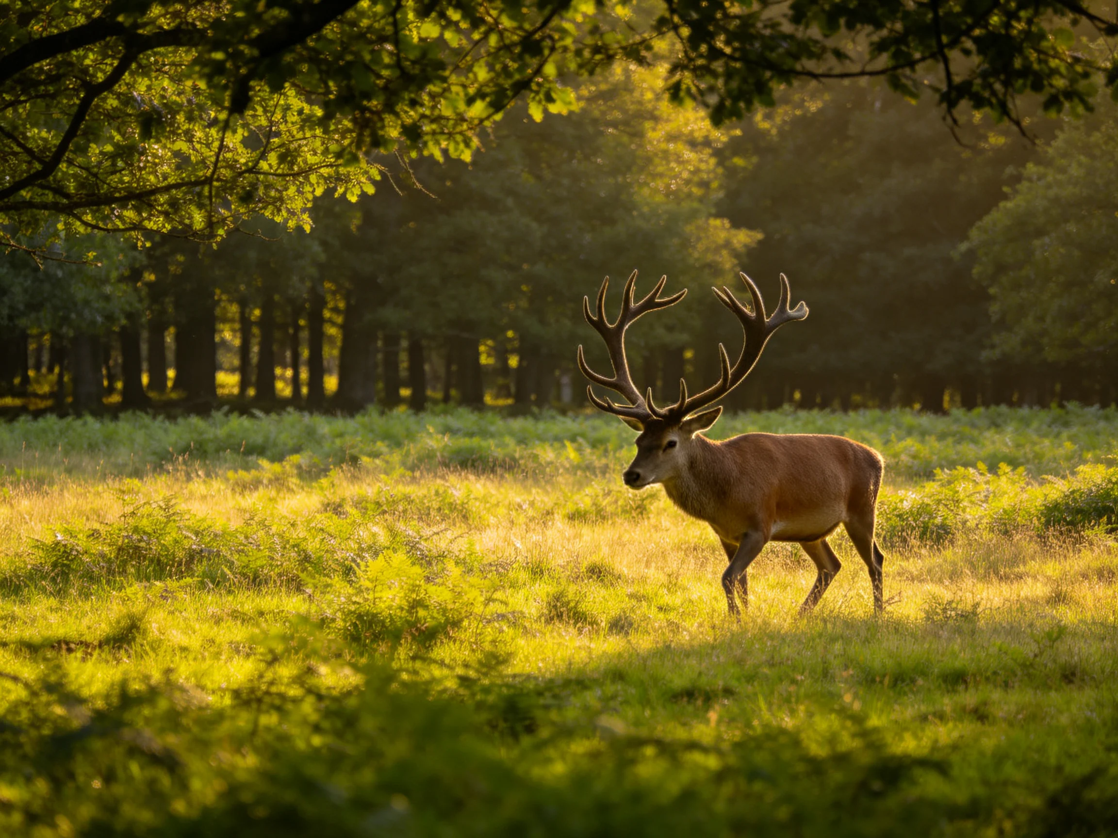 A majestic deer with giant antlers in sunlit forest clearing