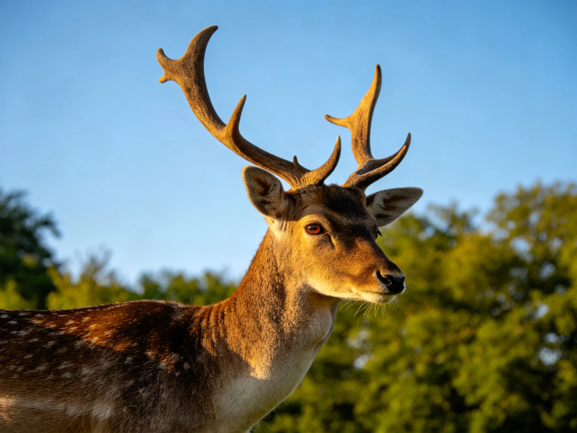 A deer with large antlers stands outdoors under a clear blue sky.