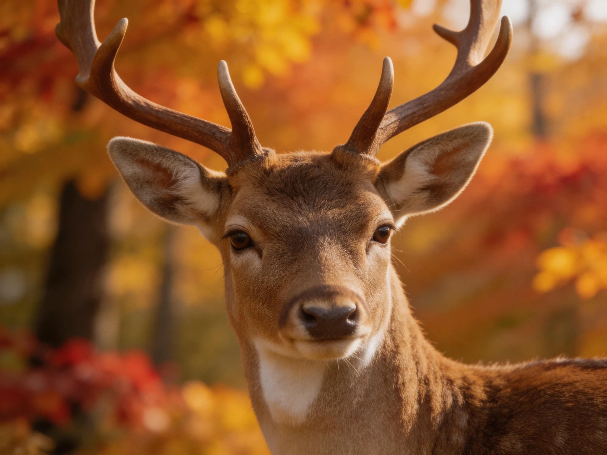 A deer with large antlers stands before vibrant autumn trees.