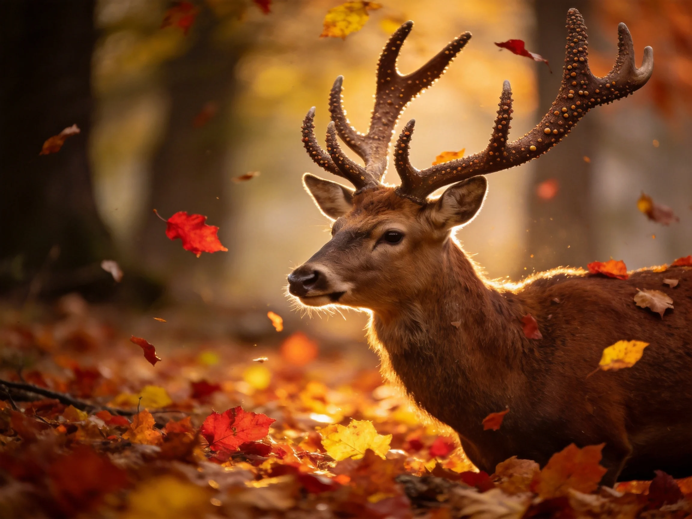 A majestic deer with large antlers amidst vibrant fall foliage in a sunlit forest