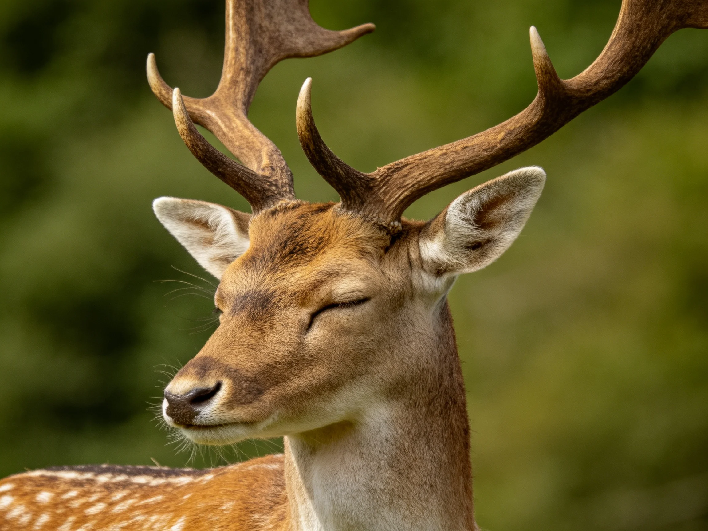 A deer with closed eyes and large antlers rests among green foliage.