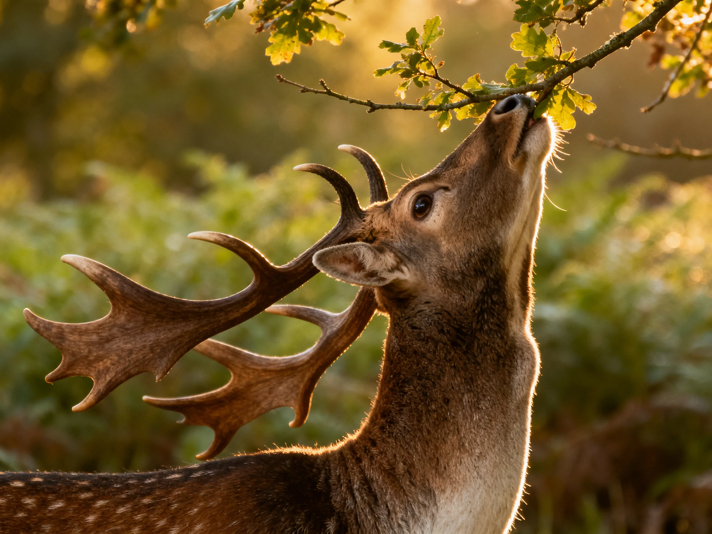 A majestic deer with large antlers eating from a leafy branch