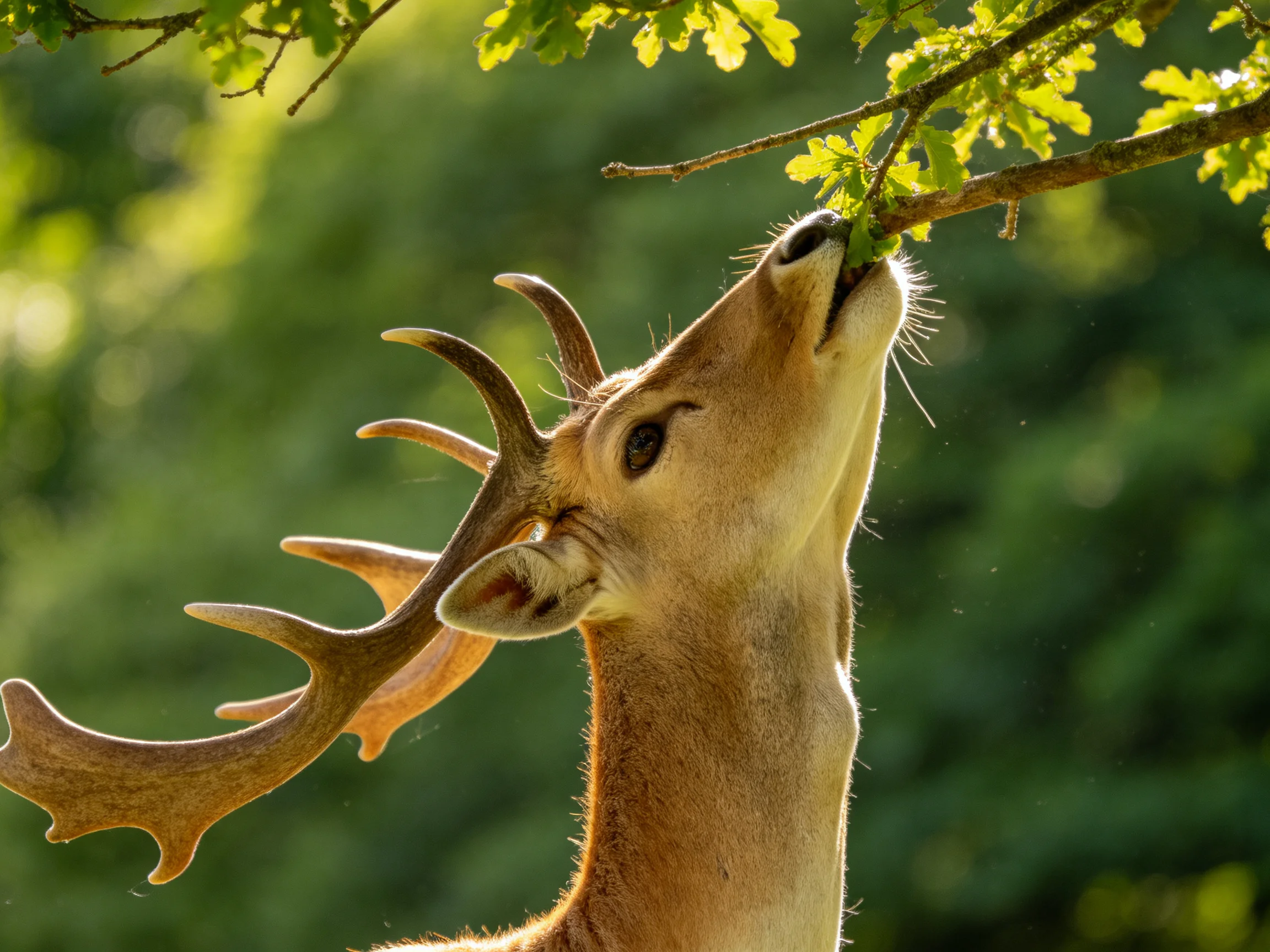 A deer with large antlers feeds on foliage from a tree branch.