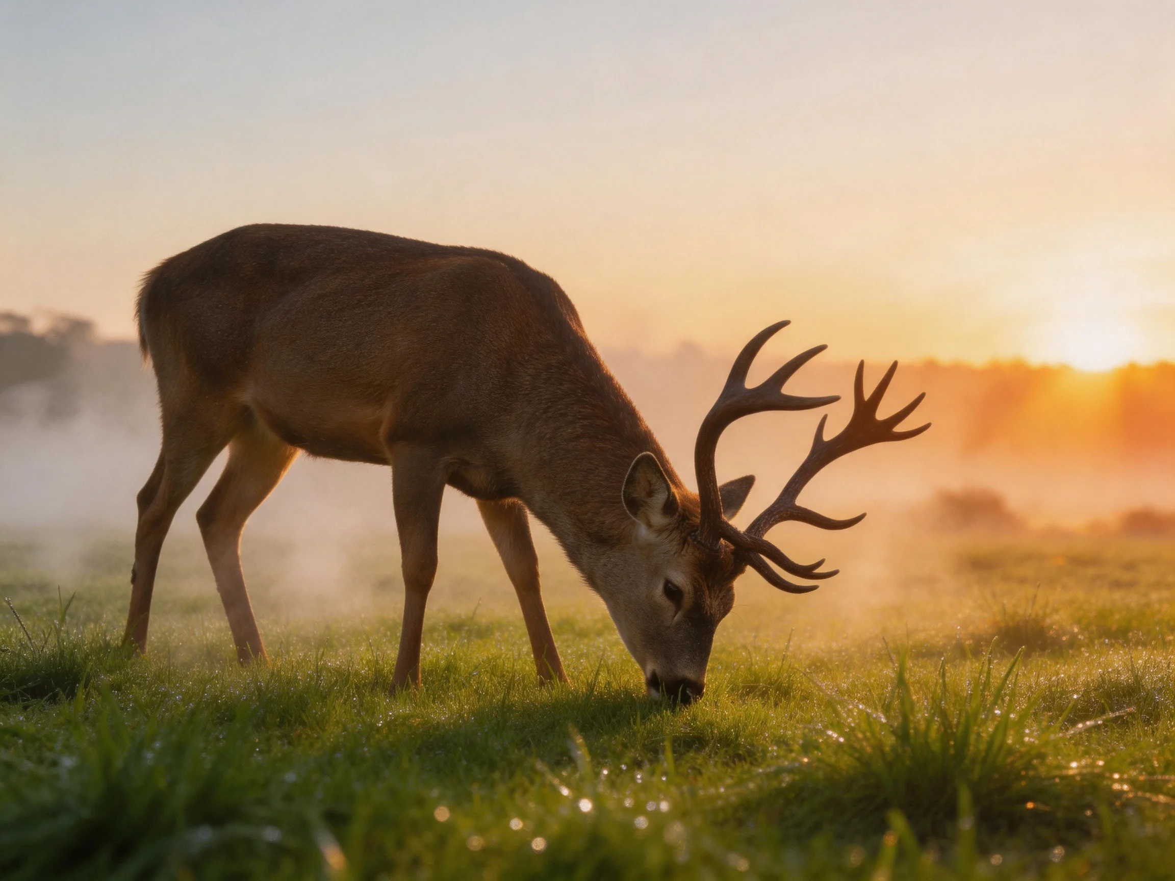 A deer with large antlers grazes in a dewy meadow as the sun rises.