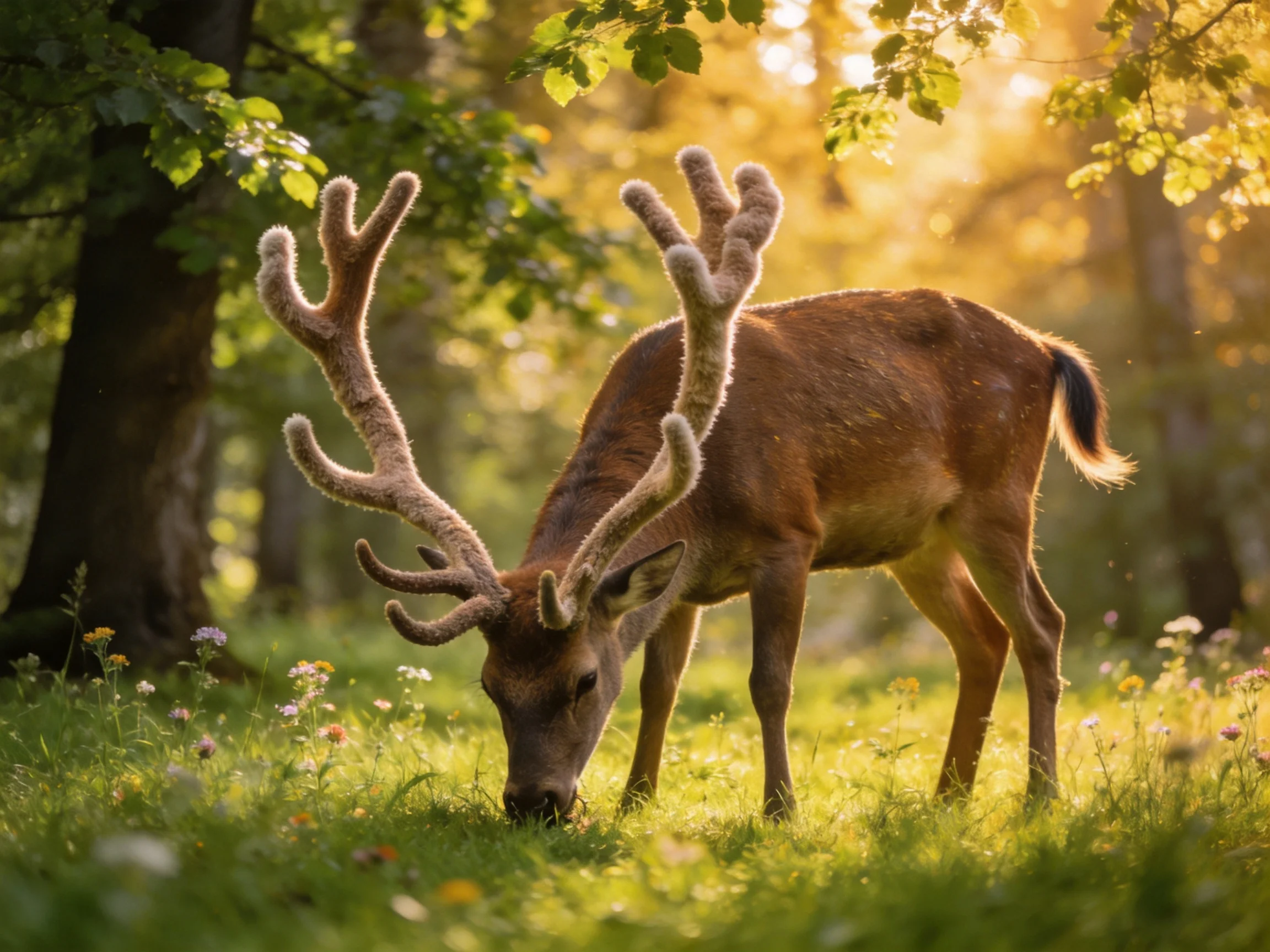 A majestic deer with large antlers grazing in a sunlit forest clearing