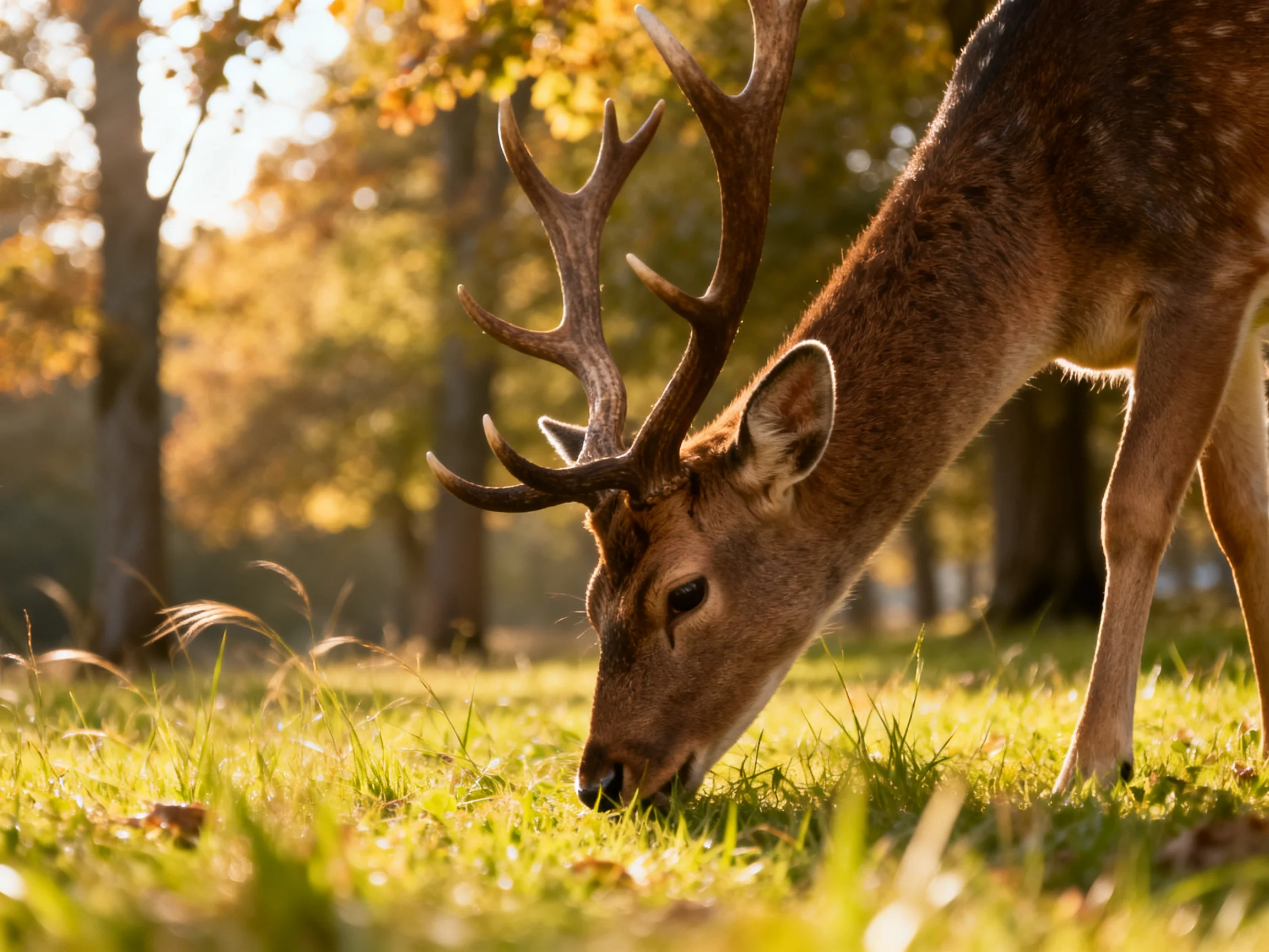 A majestic deer with large antlers grazing in a sunlit forest clearing