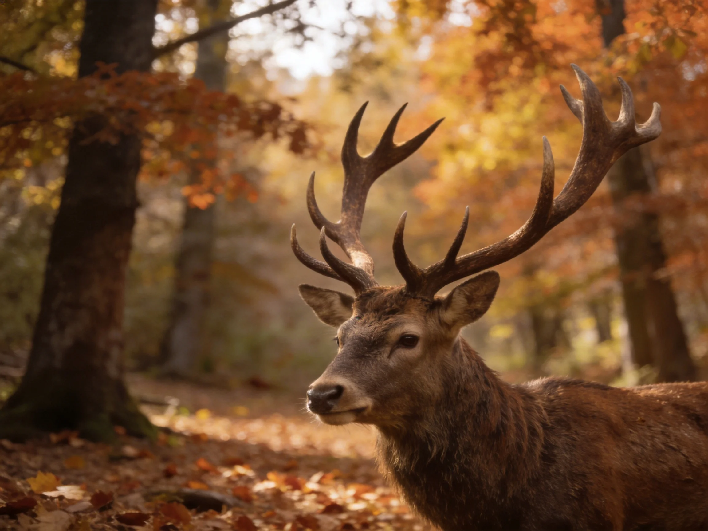 A deer stands in a sunlit autumn forest with vibrant foliage.