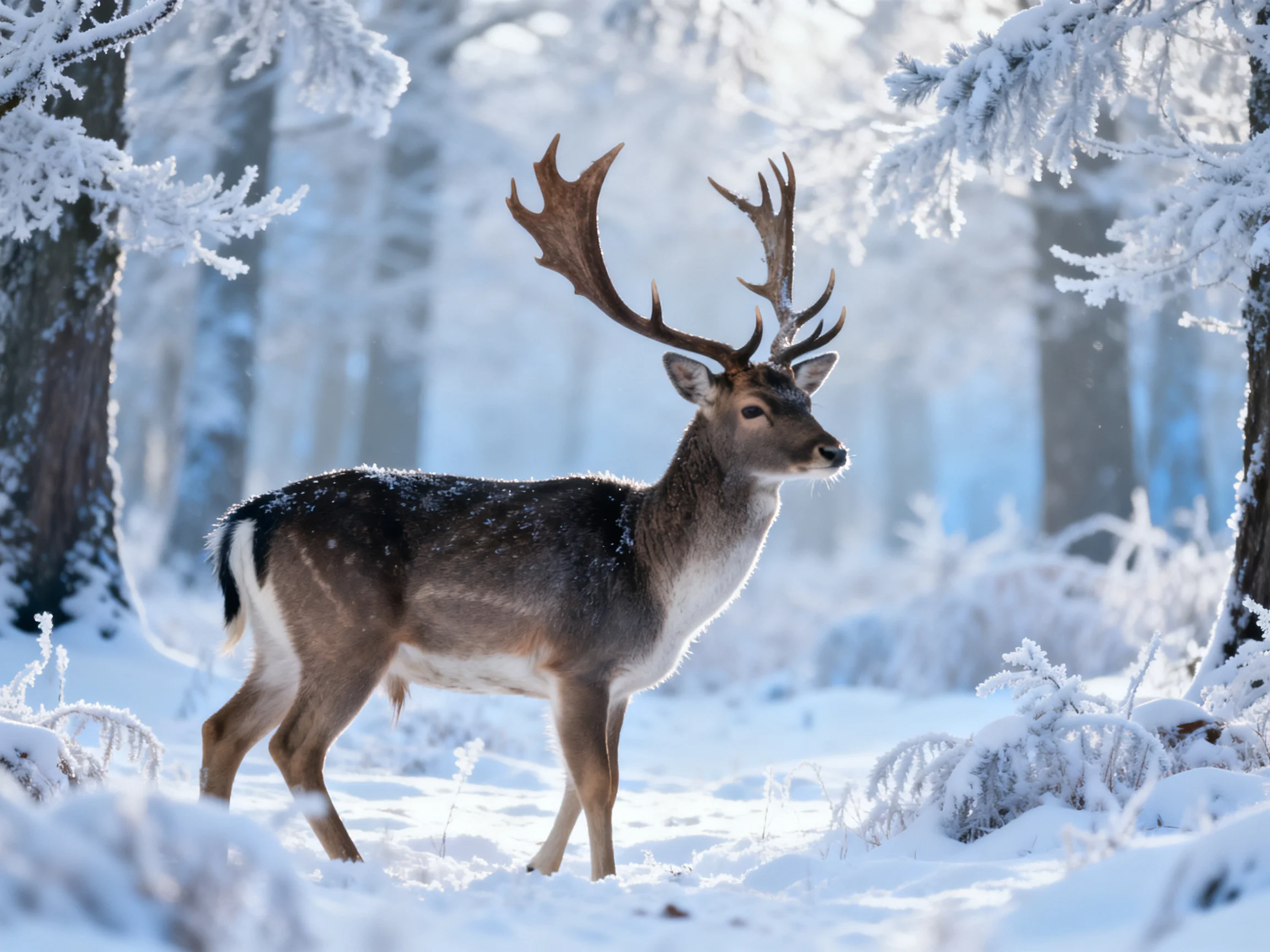 A deer with large antlers stands among snow-covered trees in a wintry forest.
