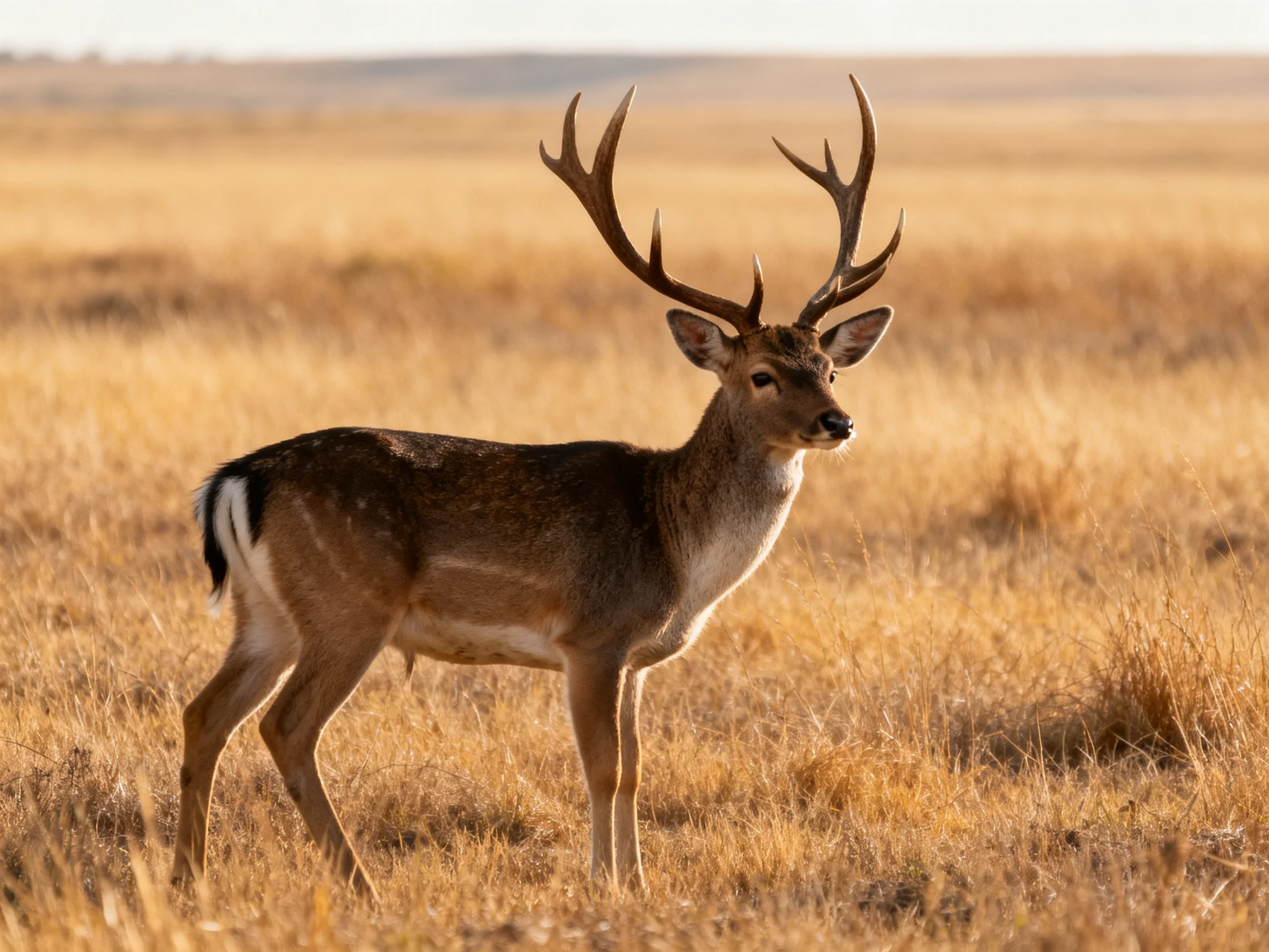 A deer with large antlers stands in a golden field.