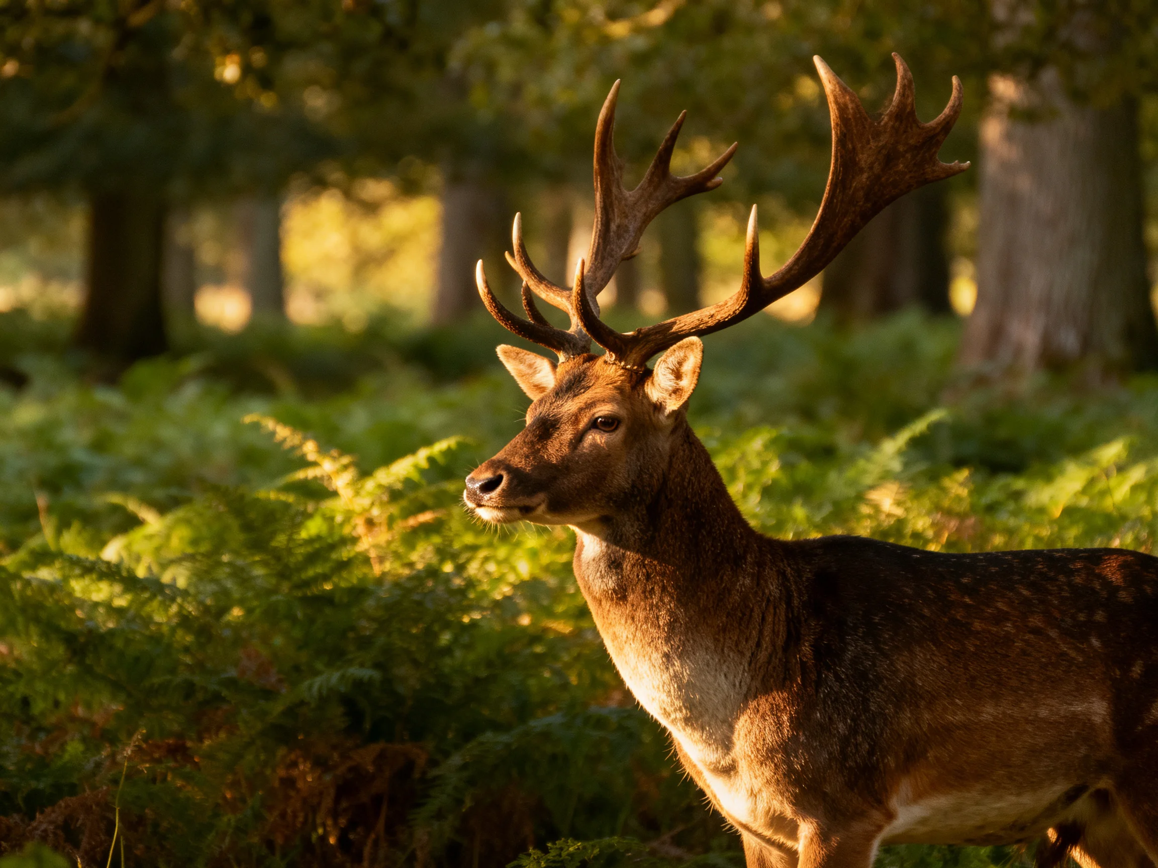 A majestic deer with large antlers in a lush forest with ferns and trees