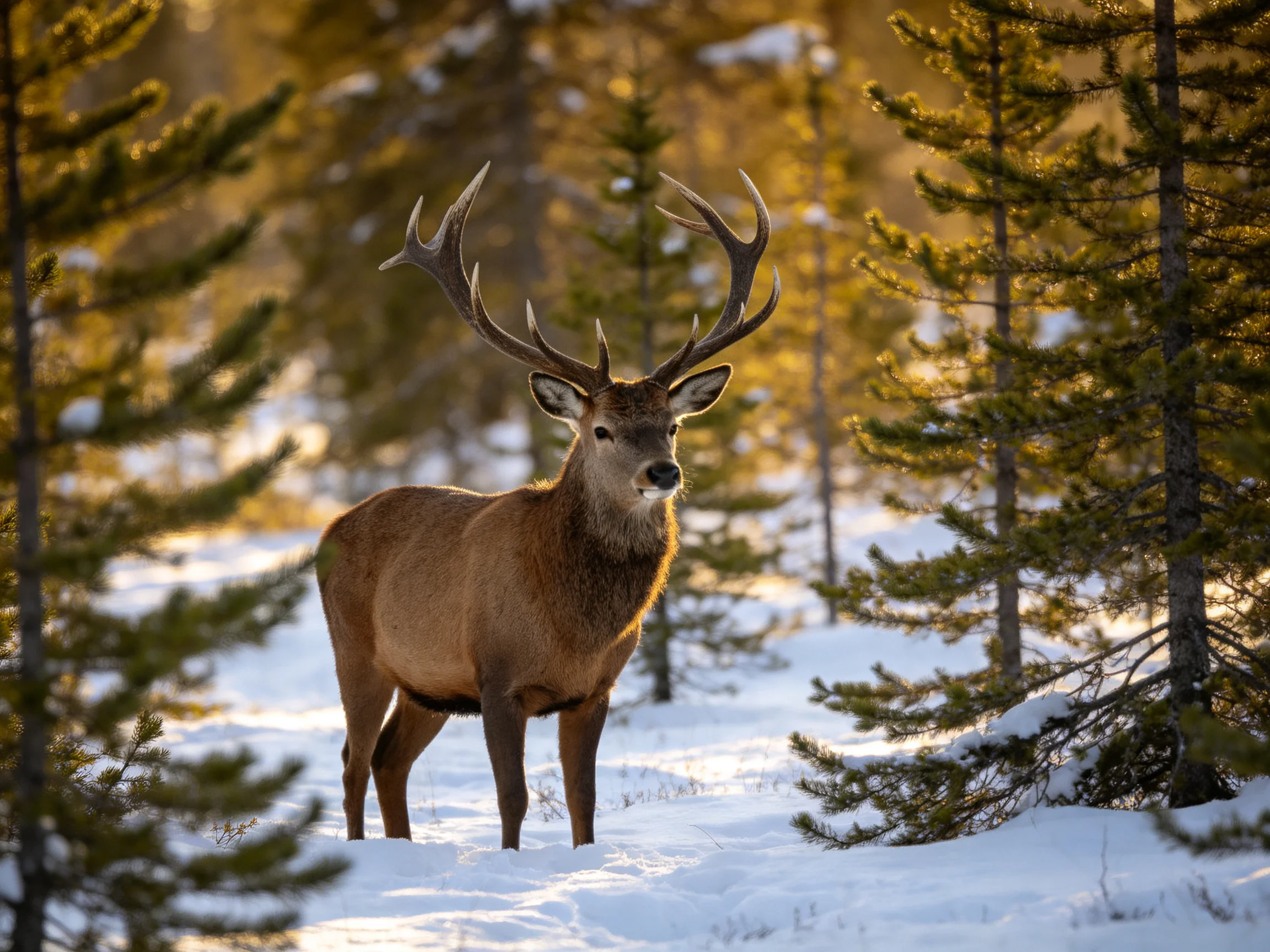A deer with large antlers stands in a snowy pine forest.