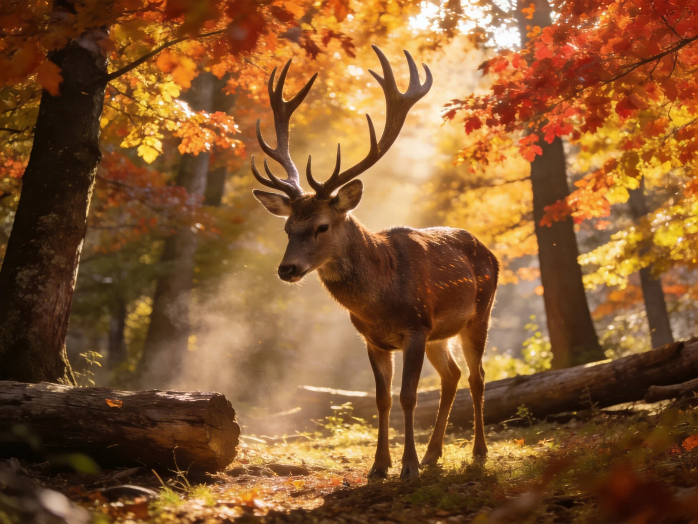 A majestic deer with large antlers in a sun-dappled autumn forest