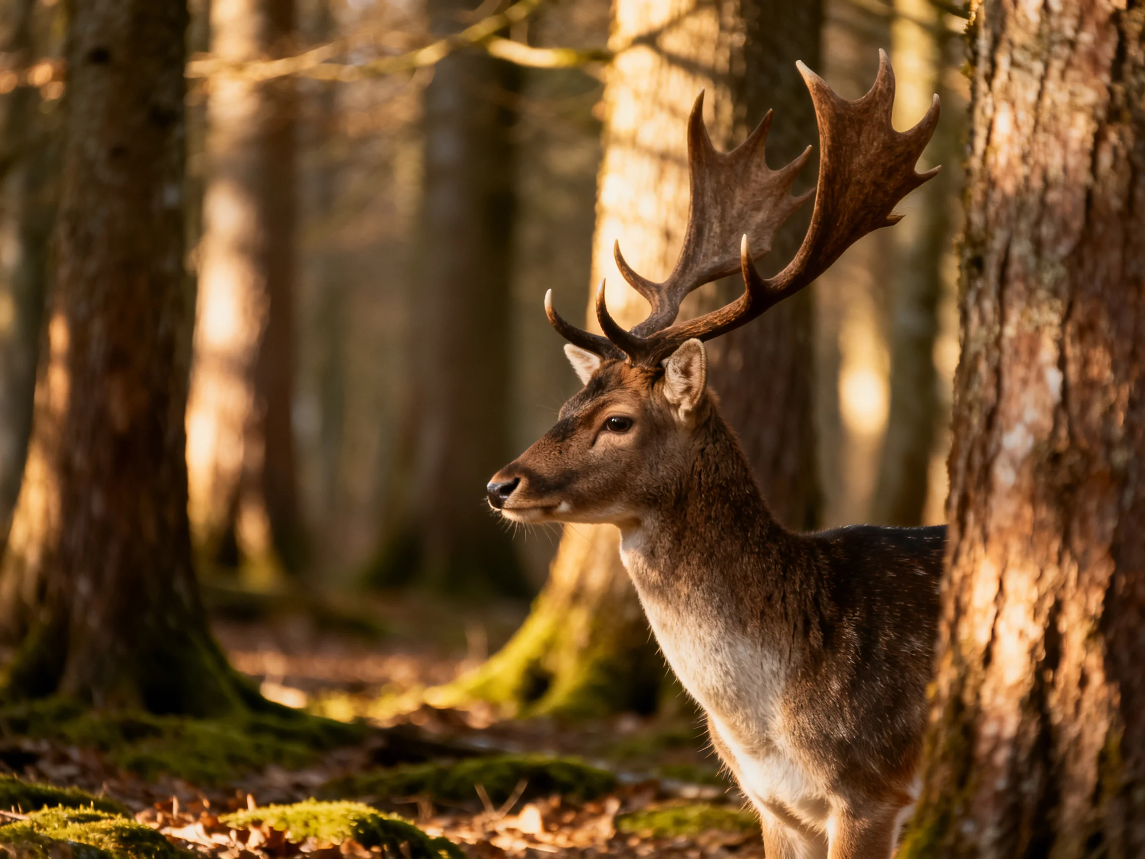 A majestic deer with large antlers in a sun-dappled forest