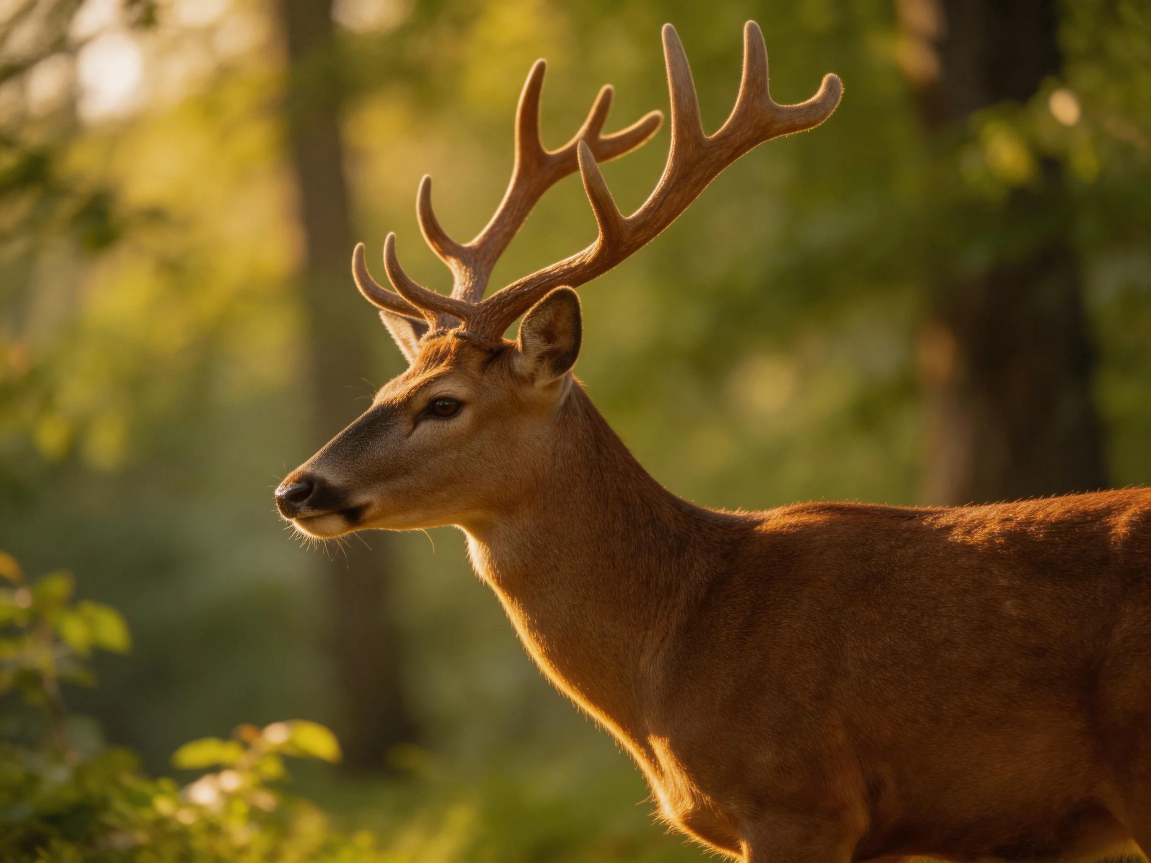 A majestic deer showcases its large antlers in a sunlit forest environment.