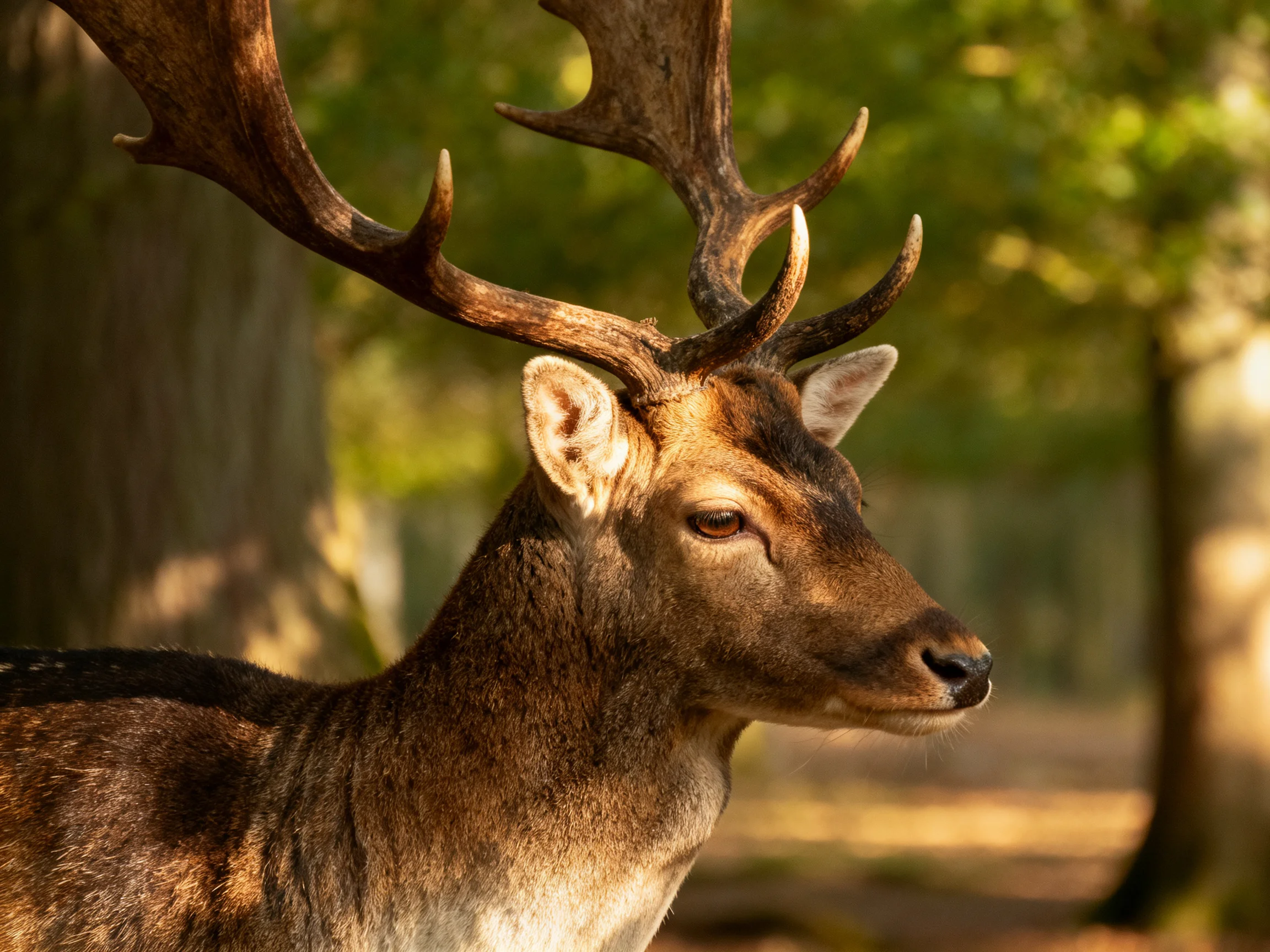 A majestic deer with large antlers in a sun-dappled forest
