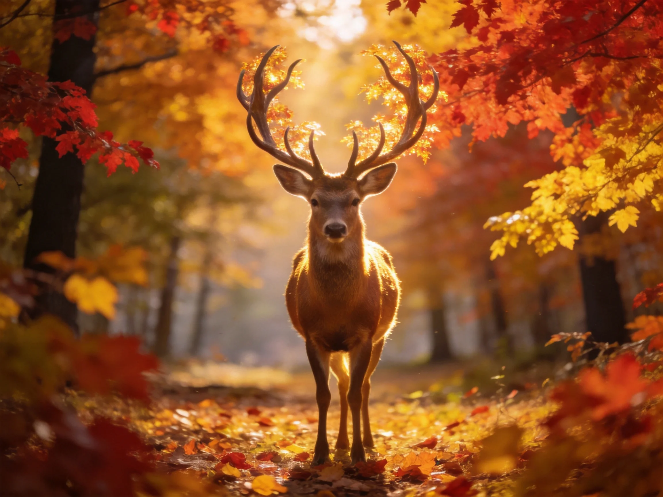 A majestic deer with large antlers in a sun-drenched autumn forest
