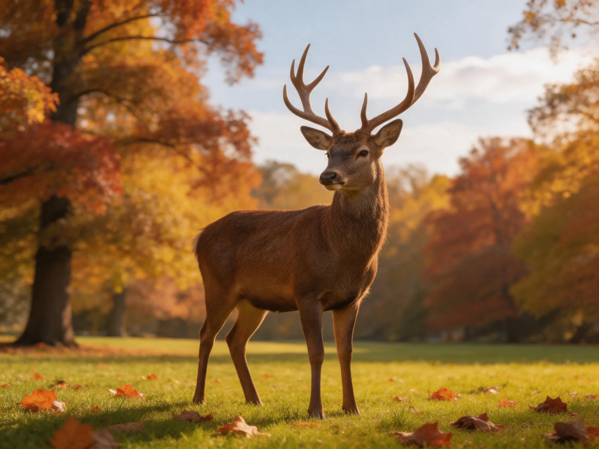 A deer with large antlers stands in a sunlit meadow near colorful autumn trees.