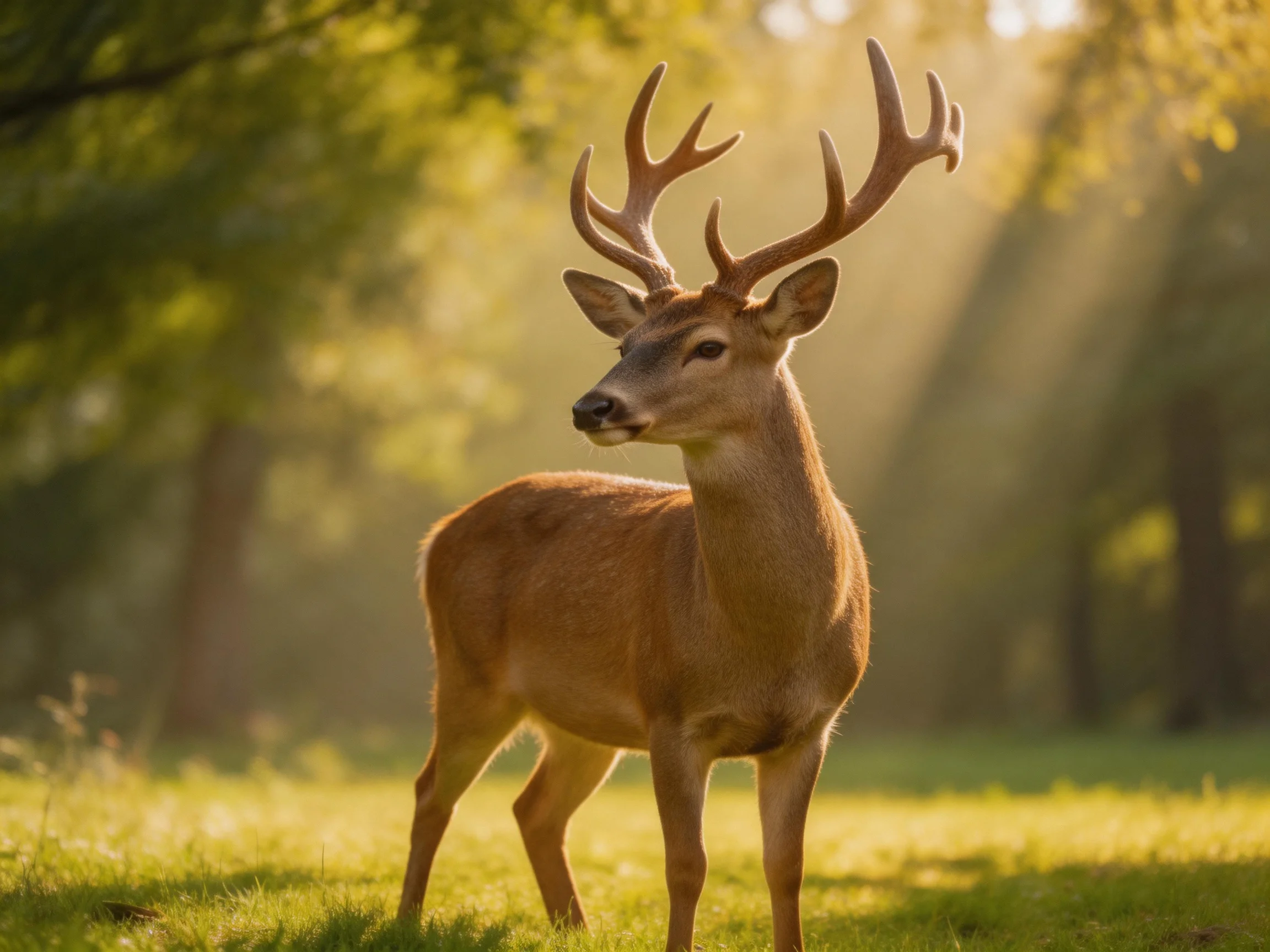 A majestic deer with large antlers in a sunlit forest clearing