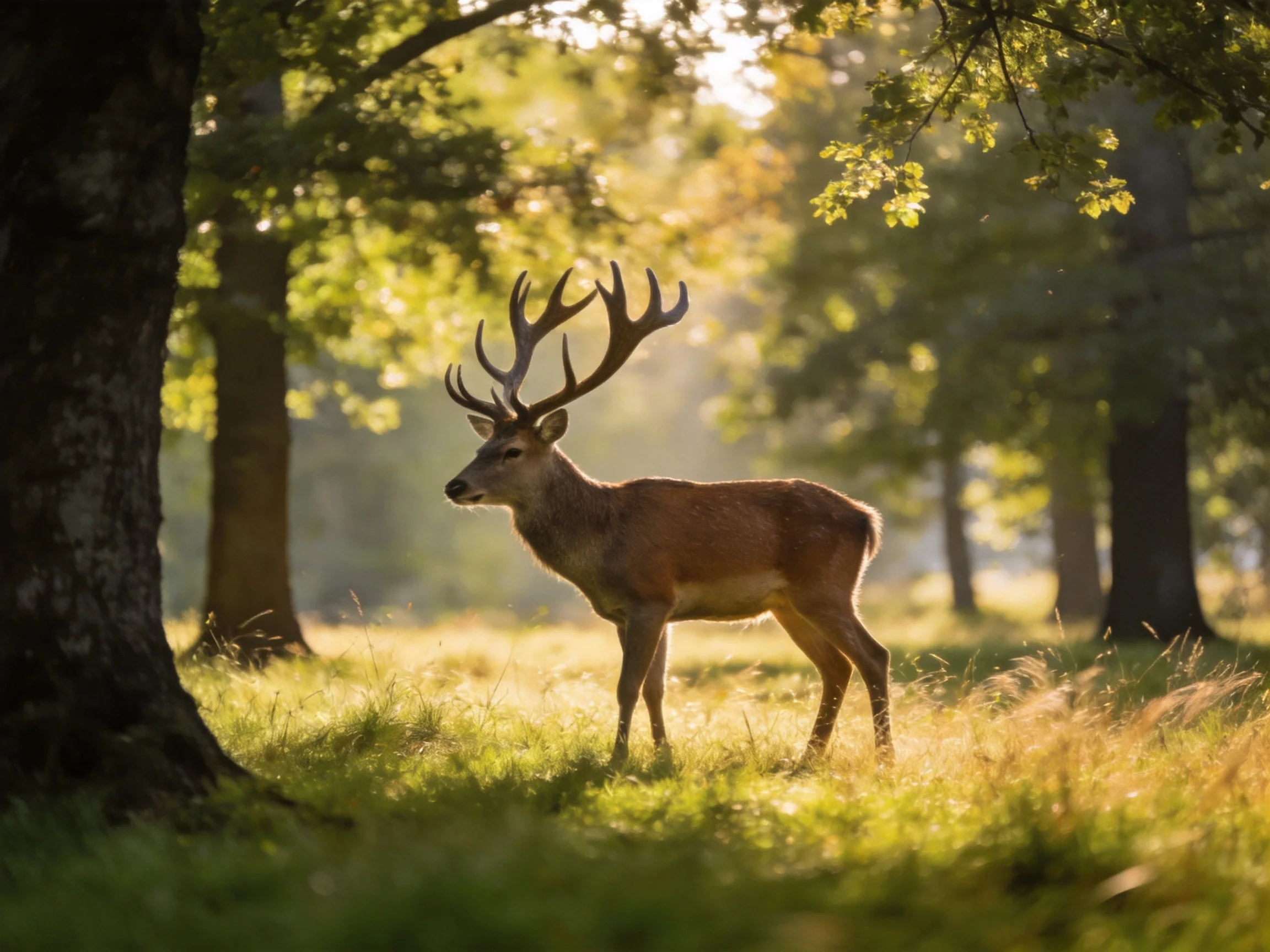 A majestic deer with large antlers in a sunlit forest clearing