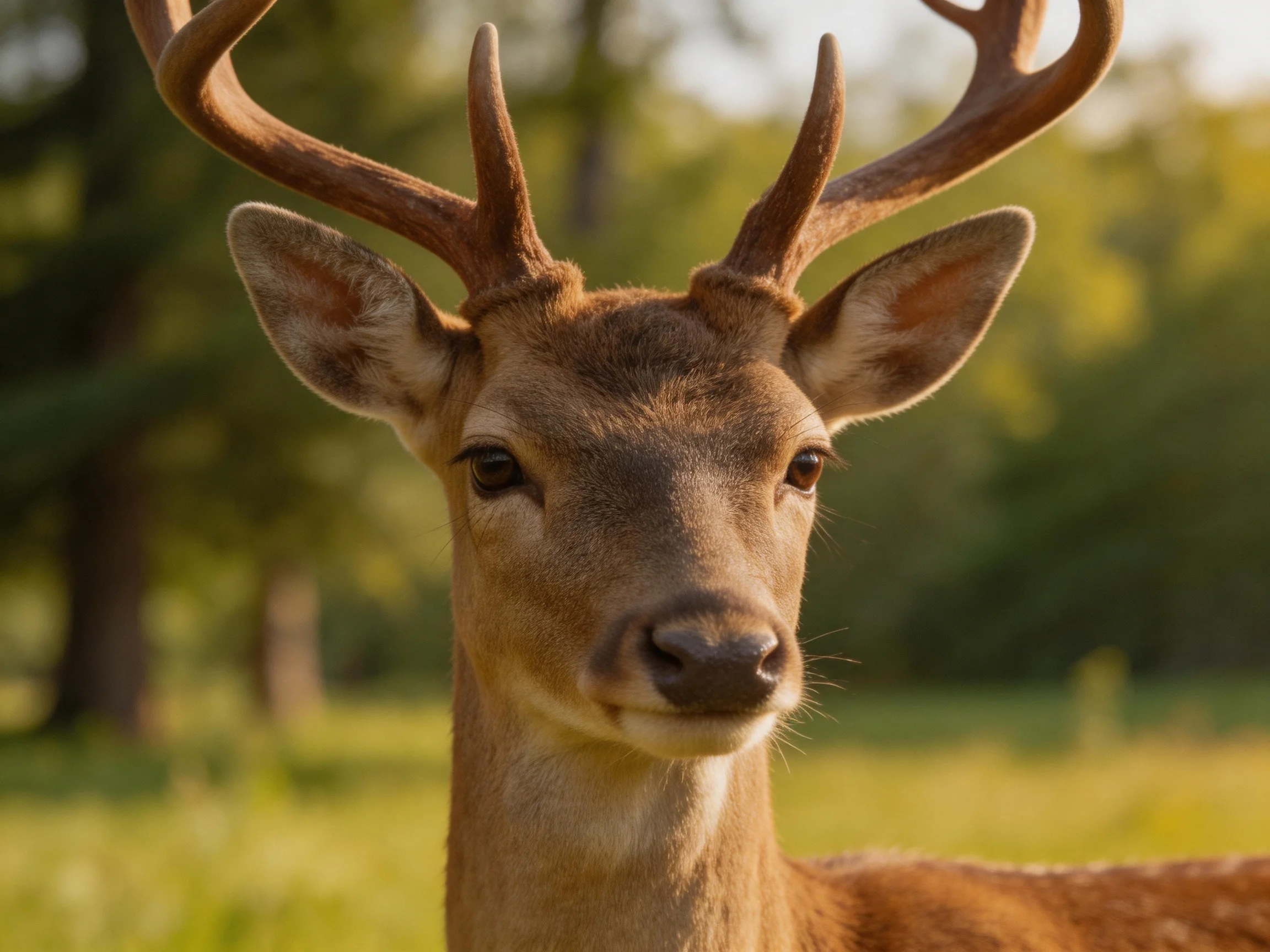 A deer with prominent antlers is featured up close in a sunlit forest.
