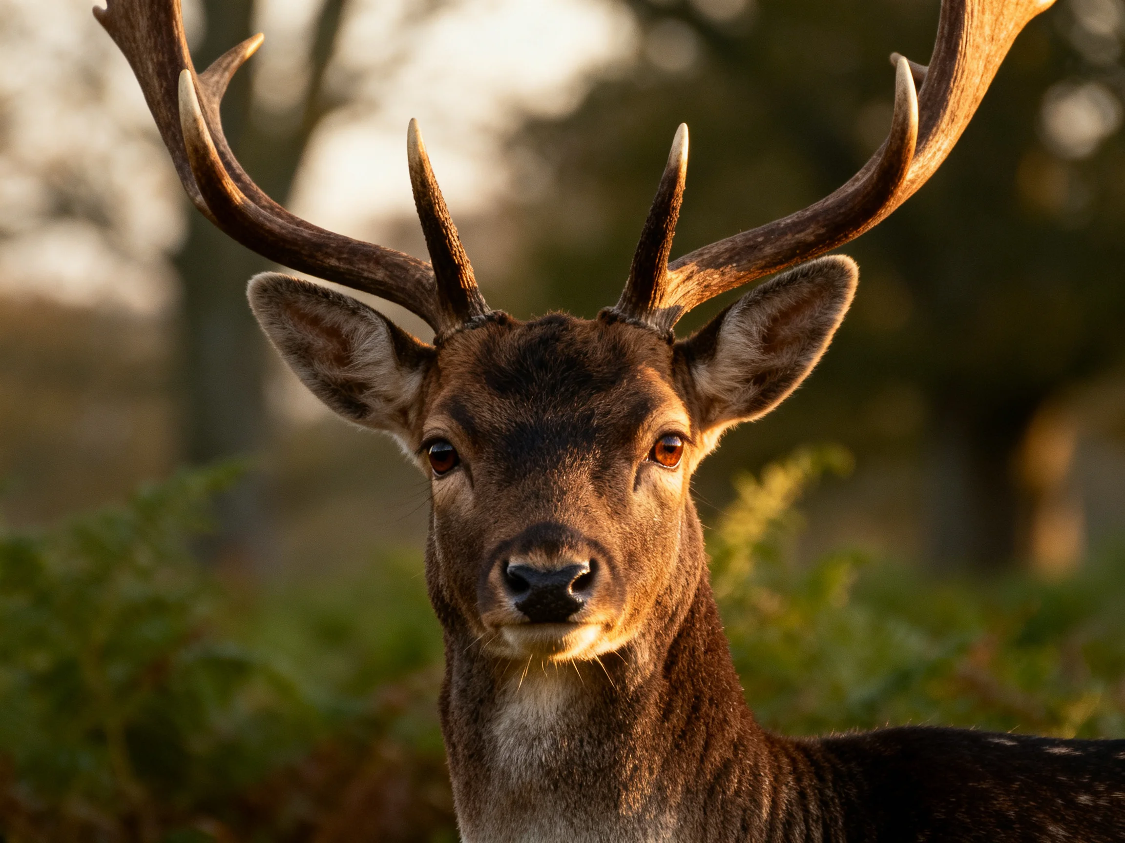 A majestic deer with large antlers in a sunlit forest setting