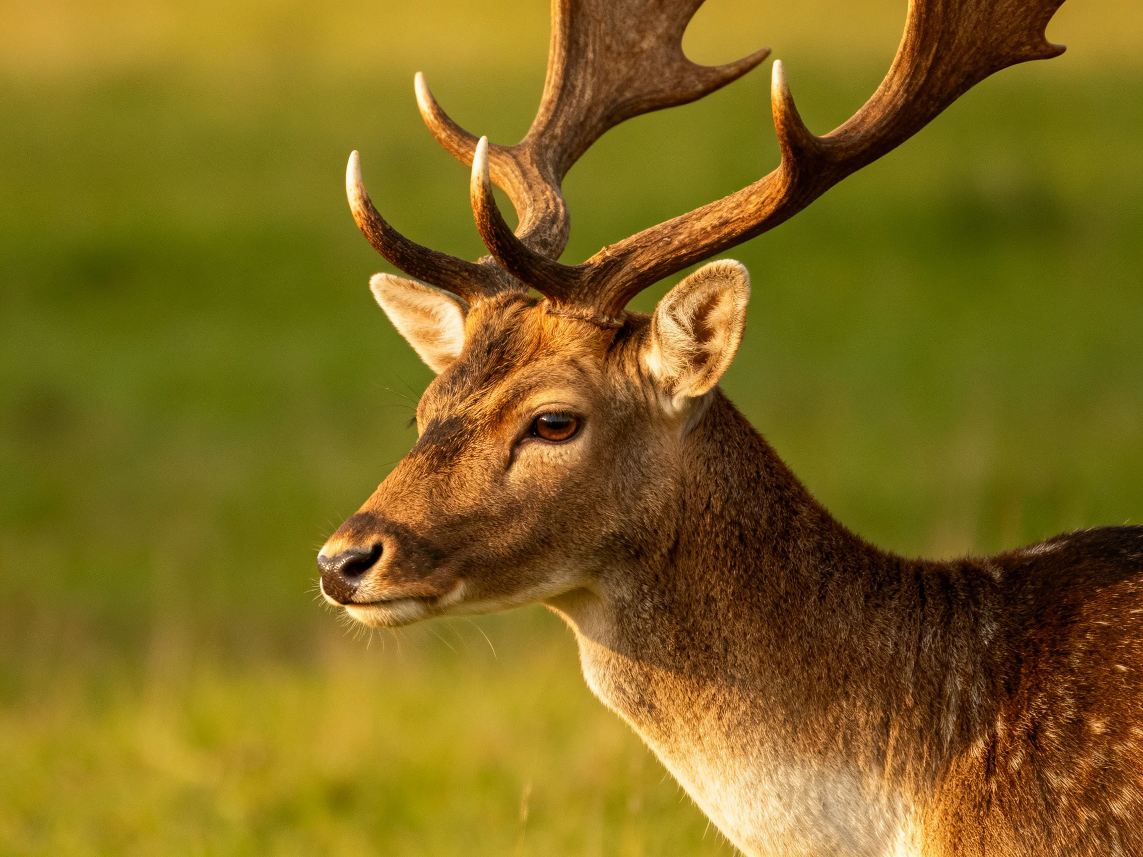 A deer with prominent antlers stands in a sunlit green landscape.