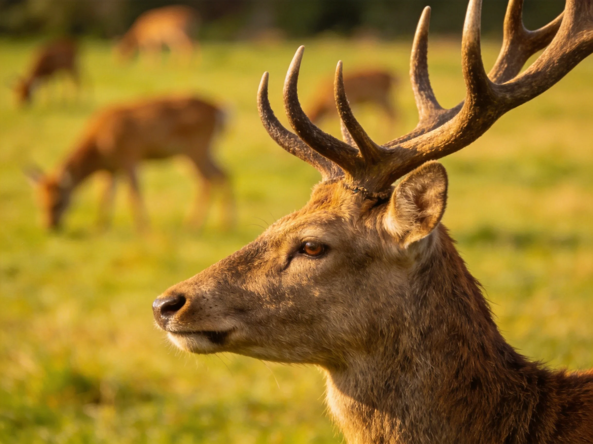 A deer with prominent antlers stands in a sunlit meadow with other deer grazing.