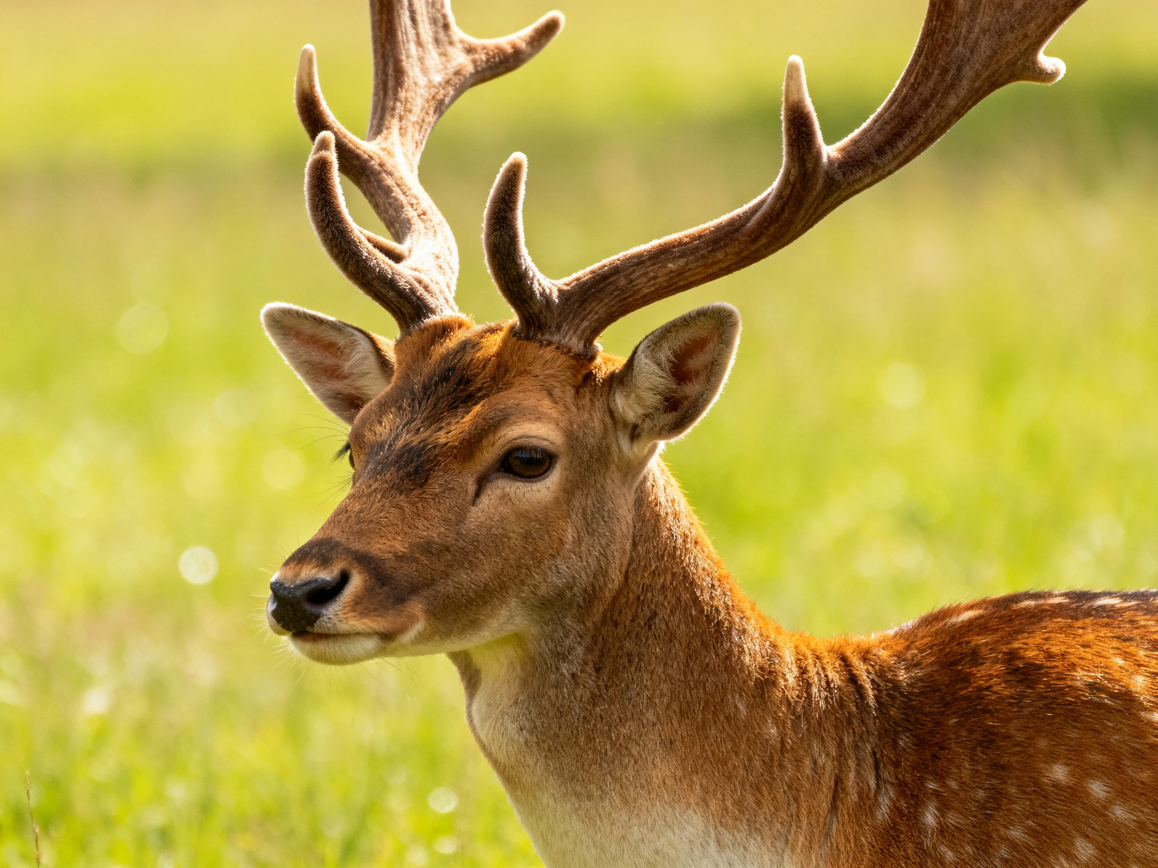 A deer with large antlers stands in a sunlit meadow.