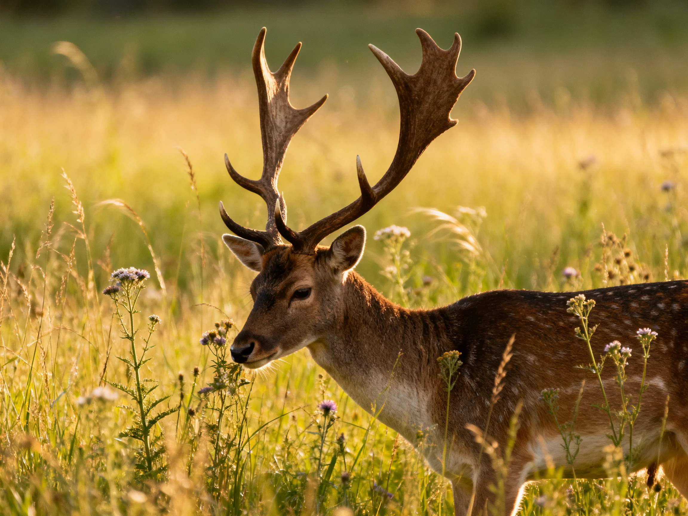 A majestic deer with large antlers in a sunlit meadow