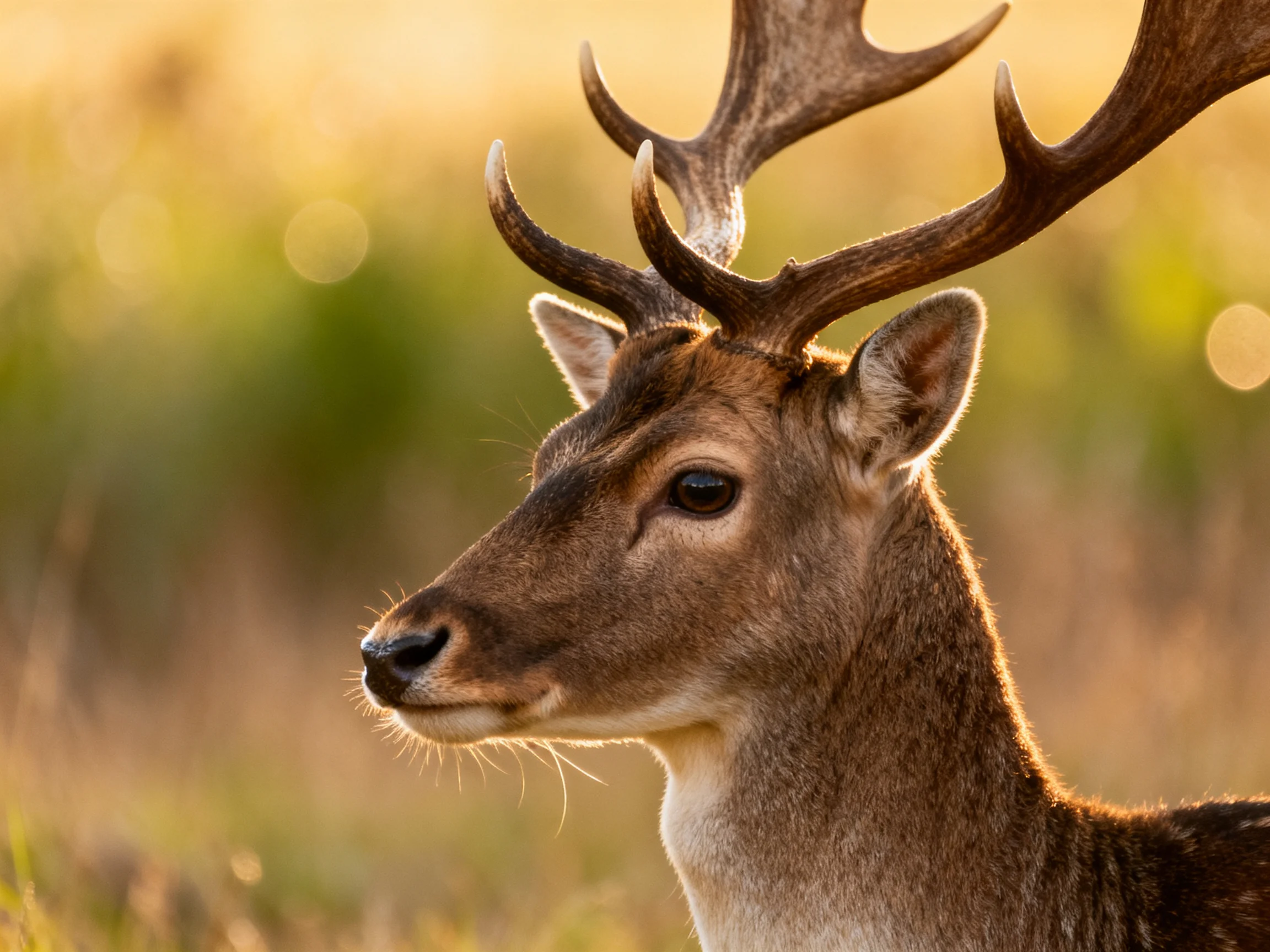 A majestic deer with large antlers in a sunlit meadow