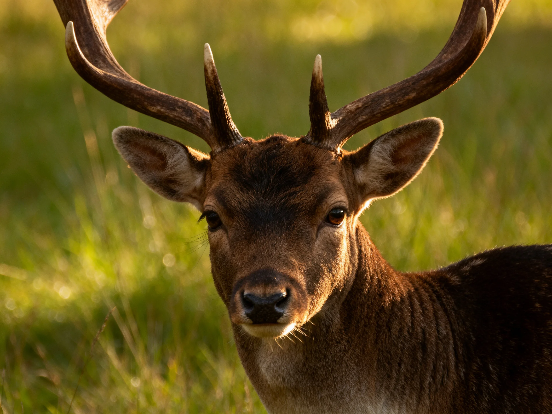 A deer with large antlers stands calmly in a sunlit meadow.