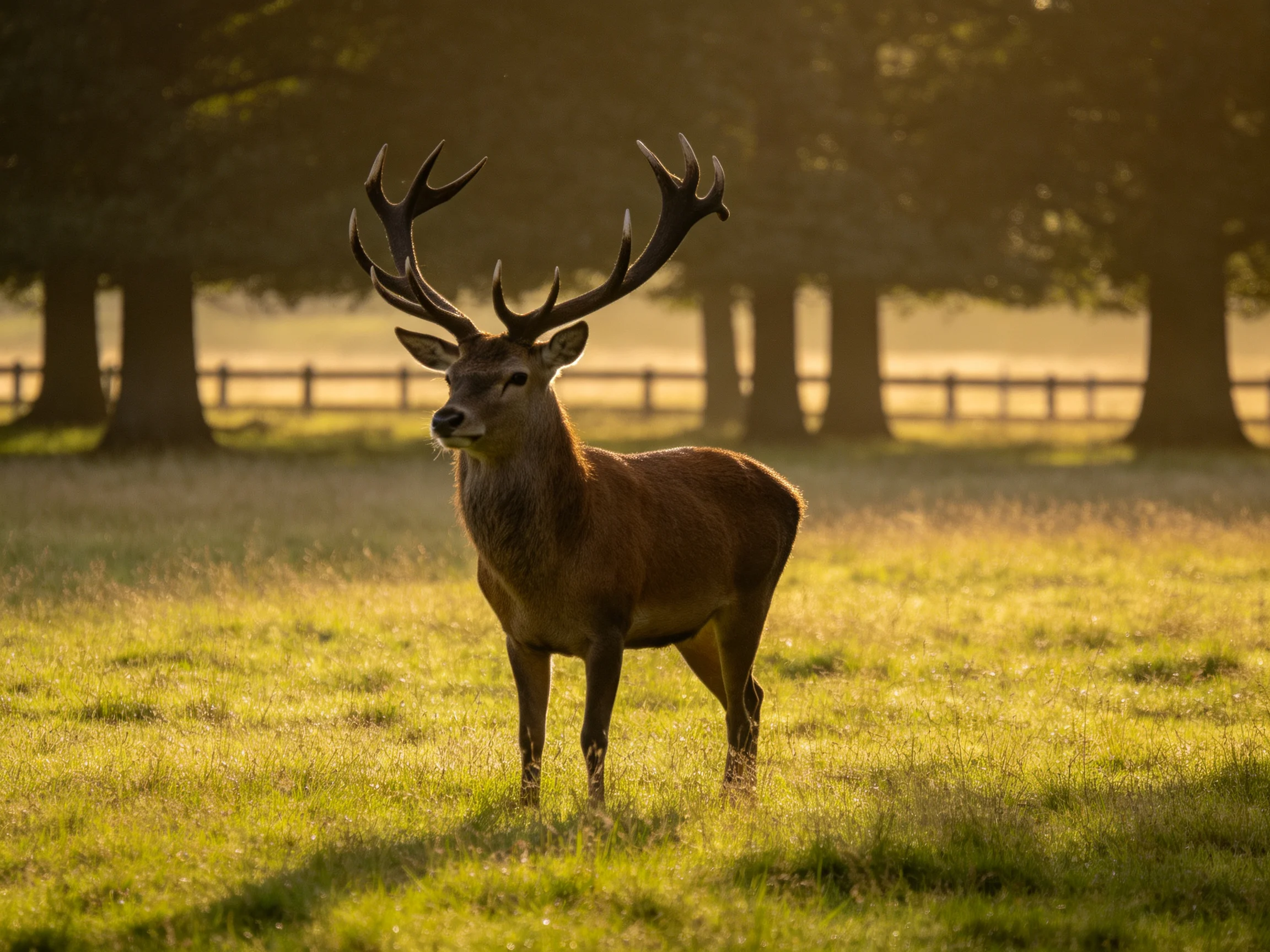 A deer with large antlers stands in a sunlit meadow near trees.