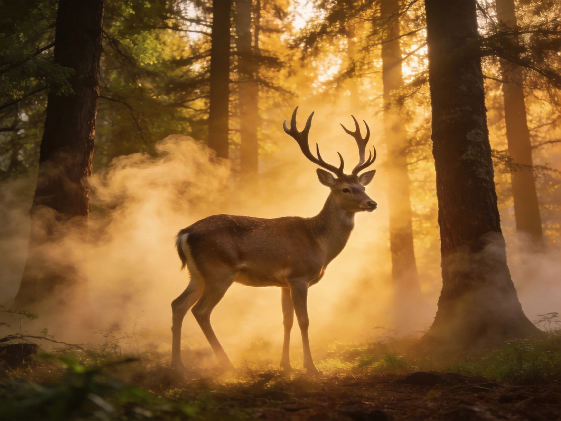 A majestic deer with large antlers in a sunlit, misty forest