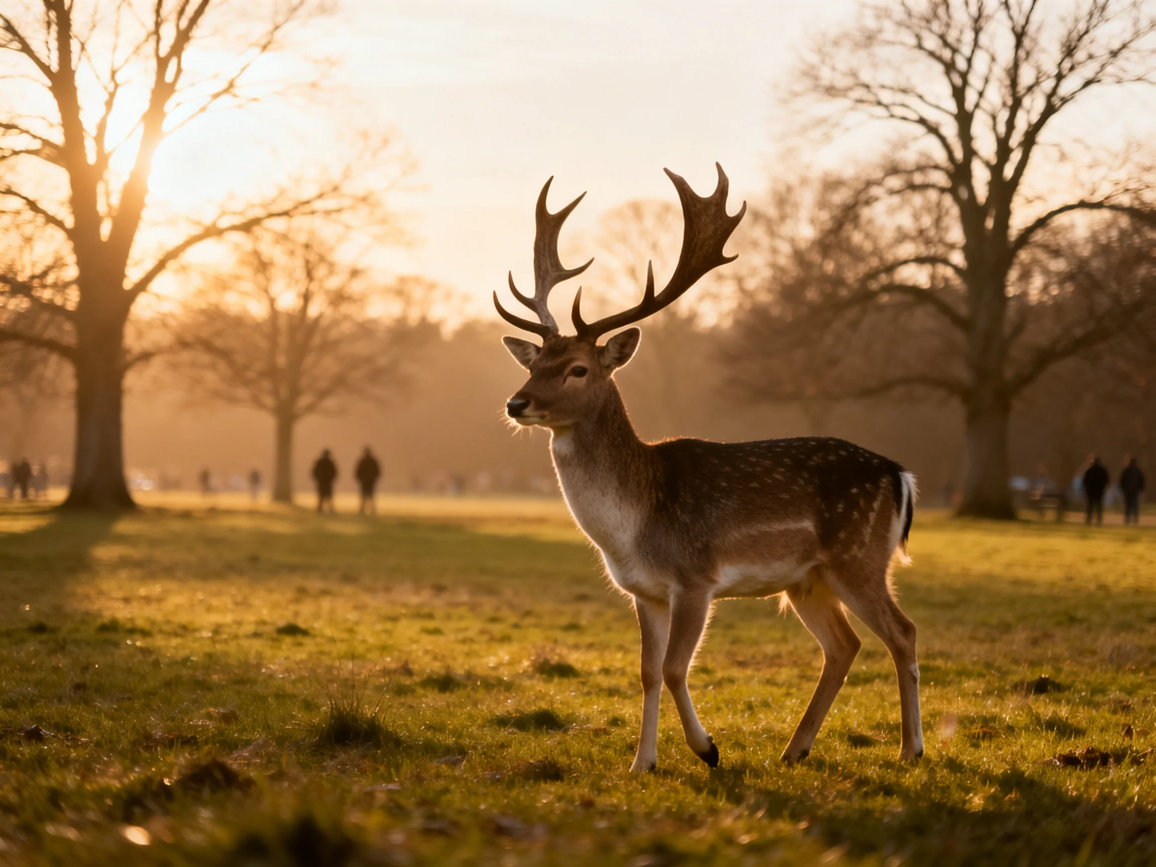 A majestic deer with large antlers in a sunlit park