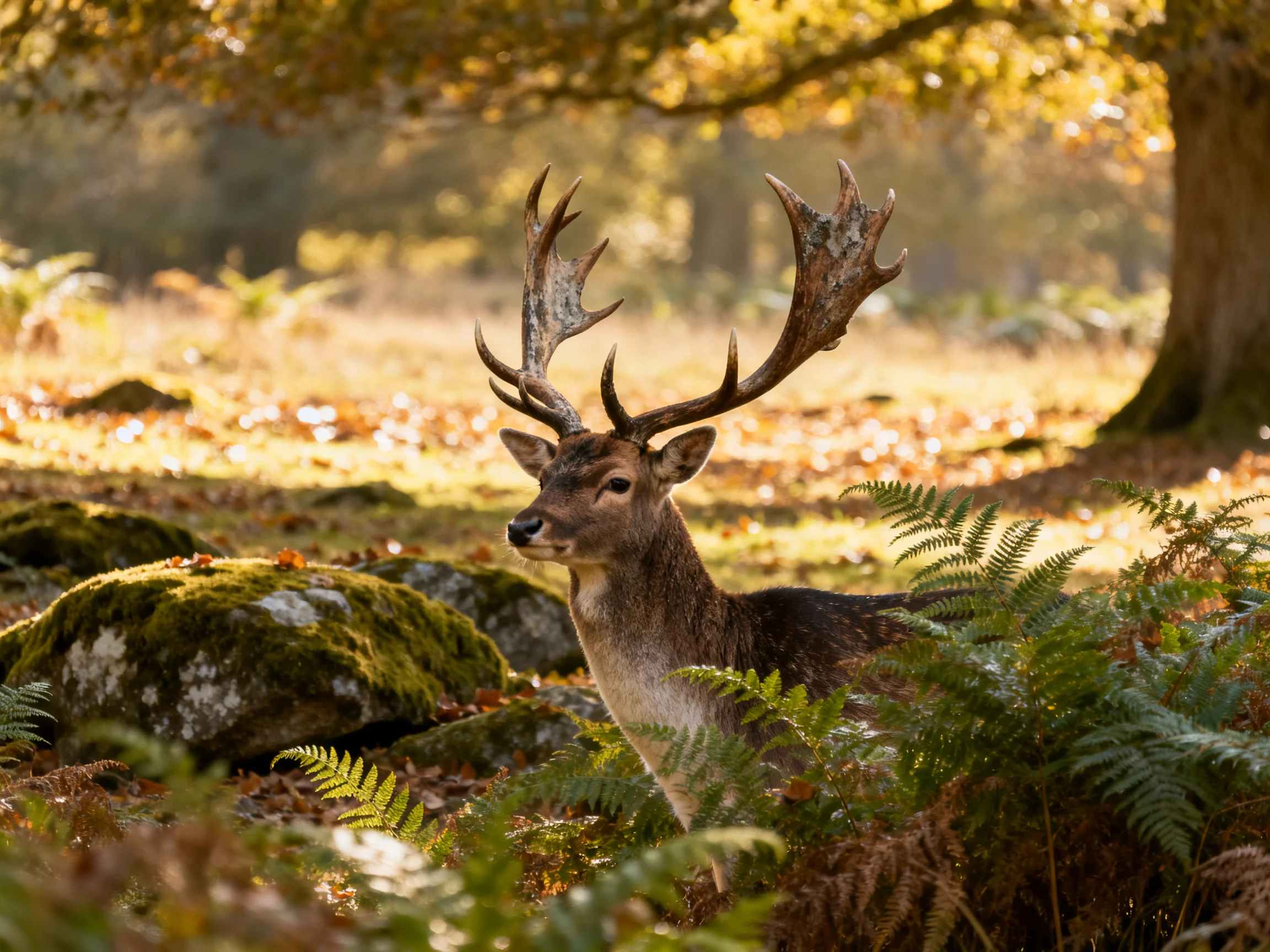 A majestic deer with large antlers in an autumnal forest glade